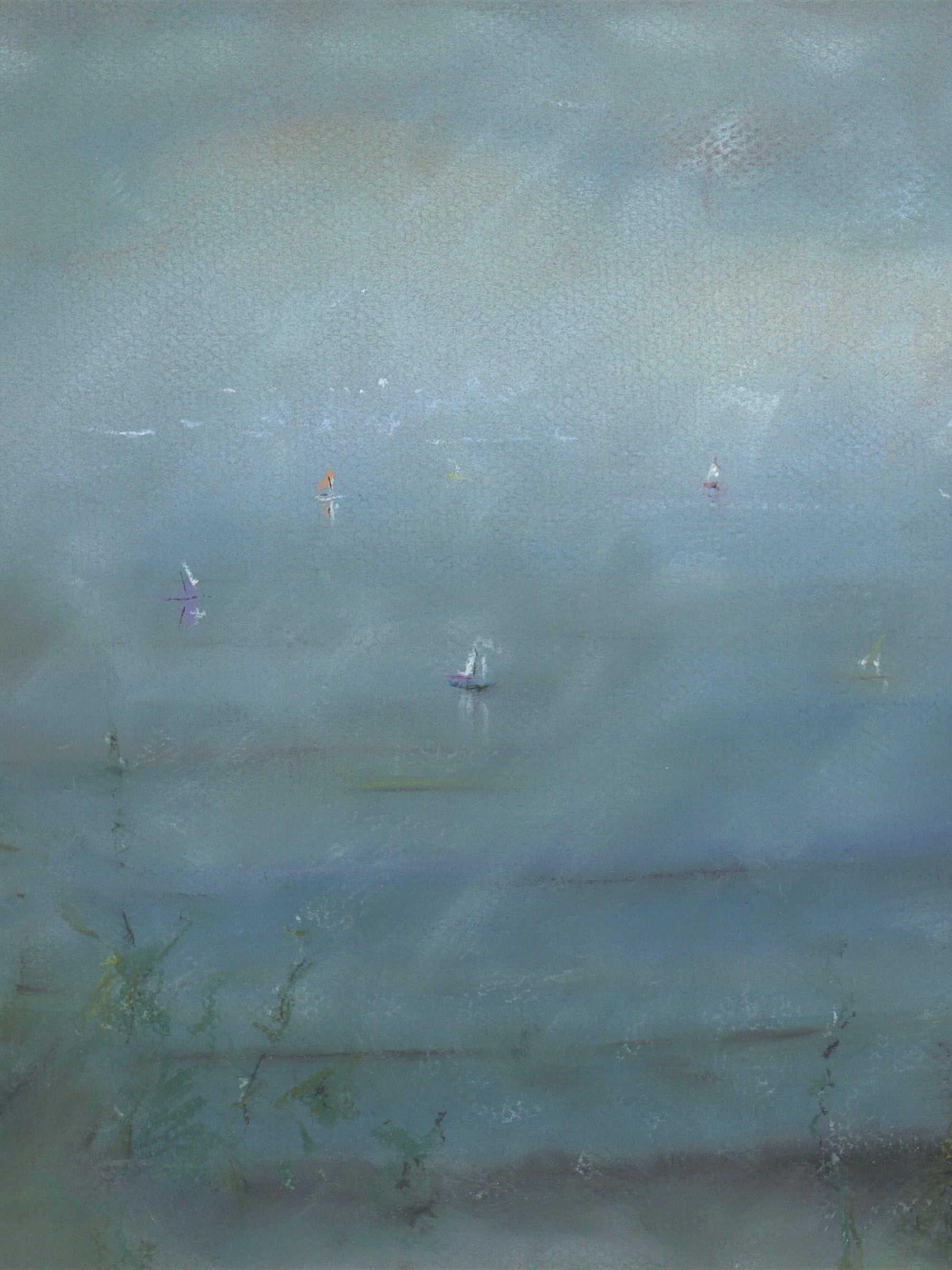 Serene painting of sailboats on calm reflective water in Boats In The Mist Original Painting