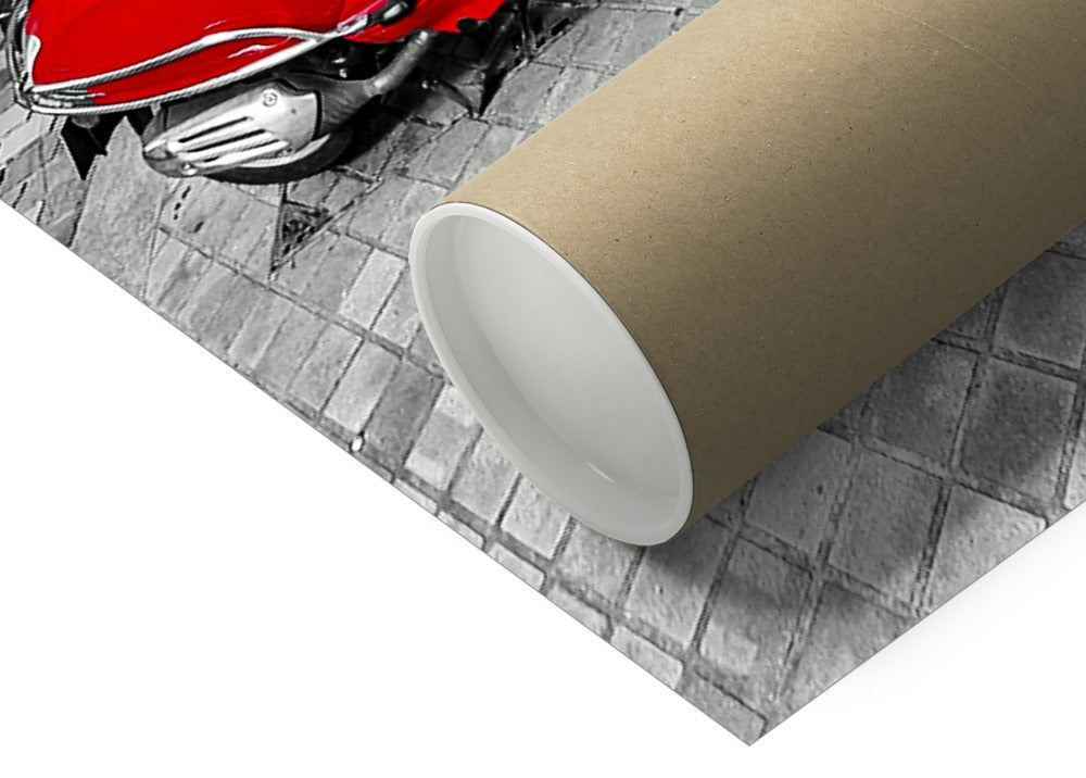 Red Bordeaux Vespa motorcycle with chrome accents on gray stone pavement, fine art print