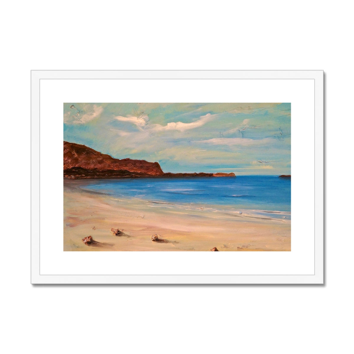 Bosta Beach Lewis framed print of sandy shore, ocean waves, rocky cliffs