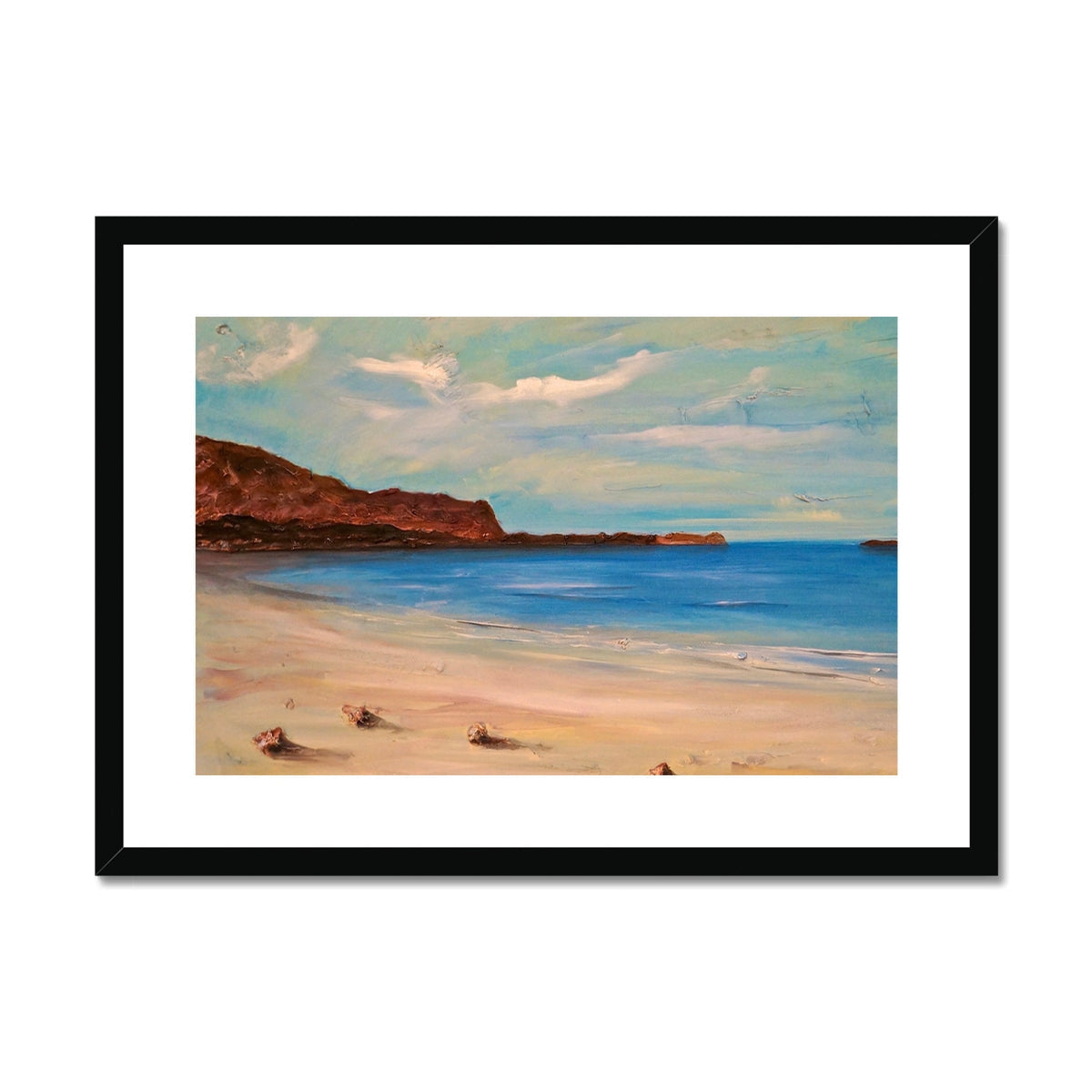 Bosta Beach Lewis framed print: sandy shore, blue ocean, black frame
