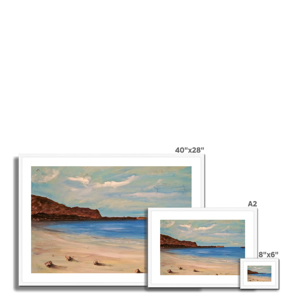 Bosta Beach Lewis framed print of sandy shore, rocky cliffs, calm blue sky