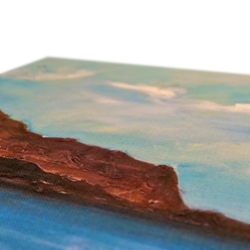 Bosta Beach Lewis Canvas: red cliff wall art with blue water and sky