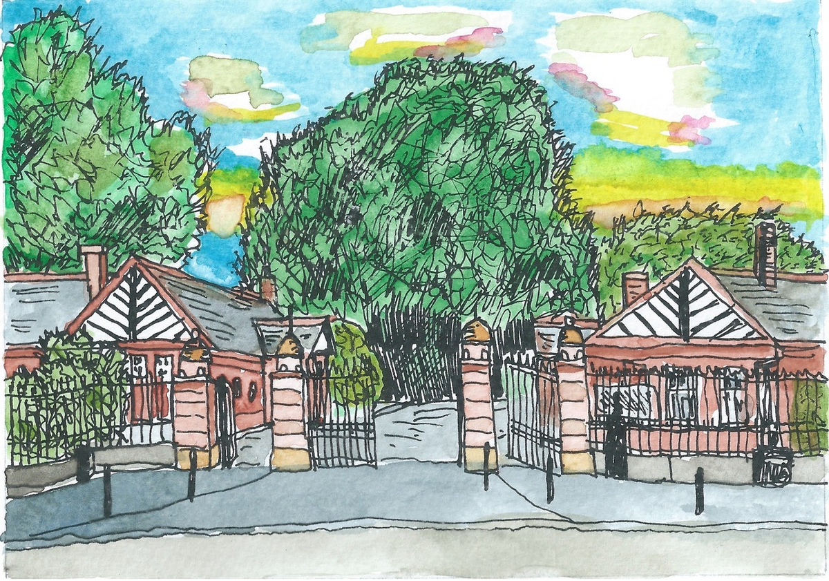 A colorful watercolor illustration of a gated entrance with two buildings and lush green trees in the background.