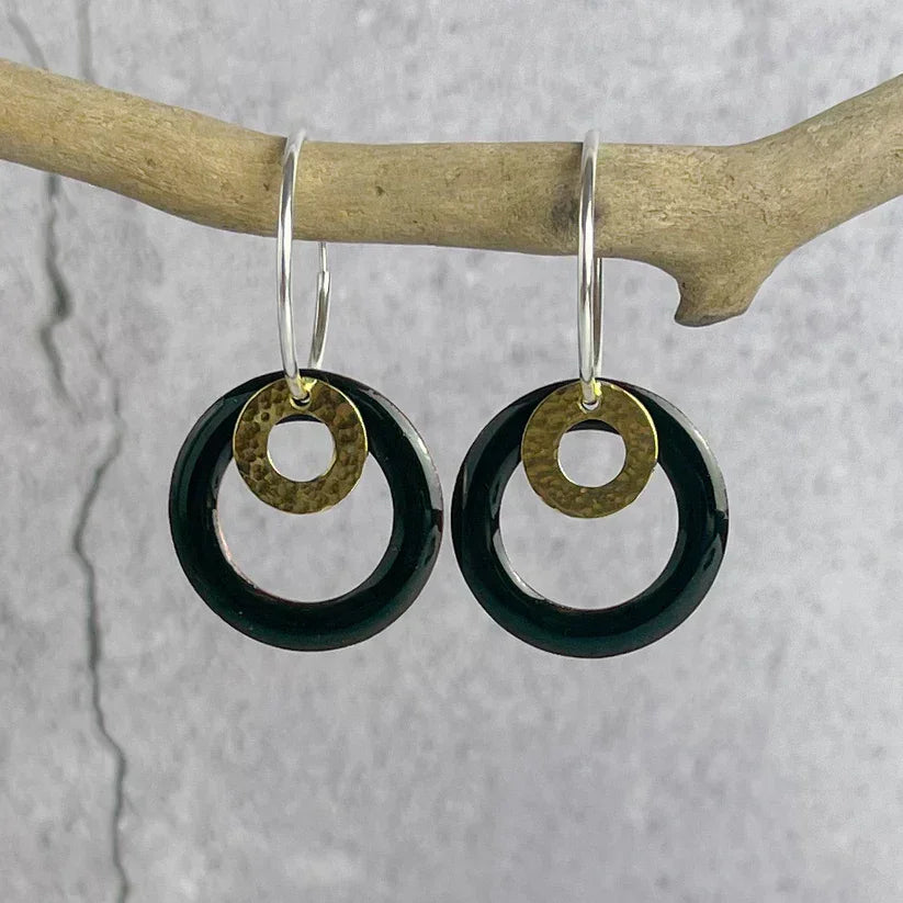 Black and gold hammered circle earrings with silver hooks