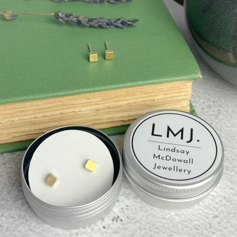 Gold square stud earrings in silver tin from Lindsay McDowall Jewellery