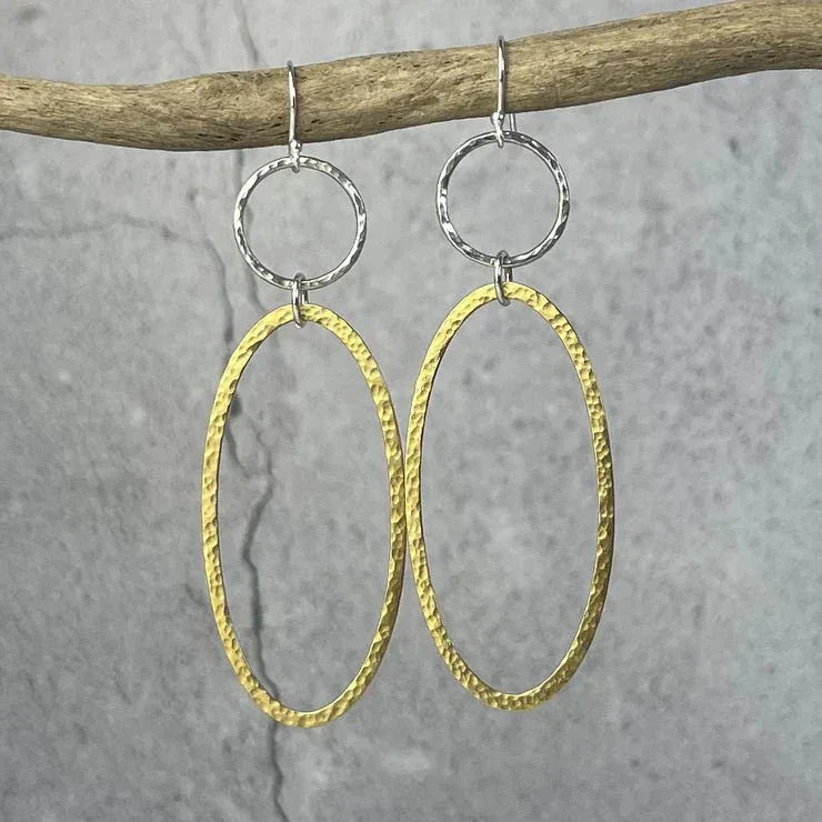 Gold-toned hammered oval hoop drop earrings with silver top ring by Lindsay Mcdowall Jewellery