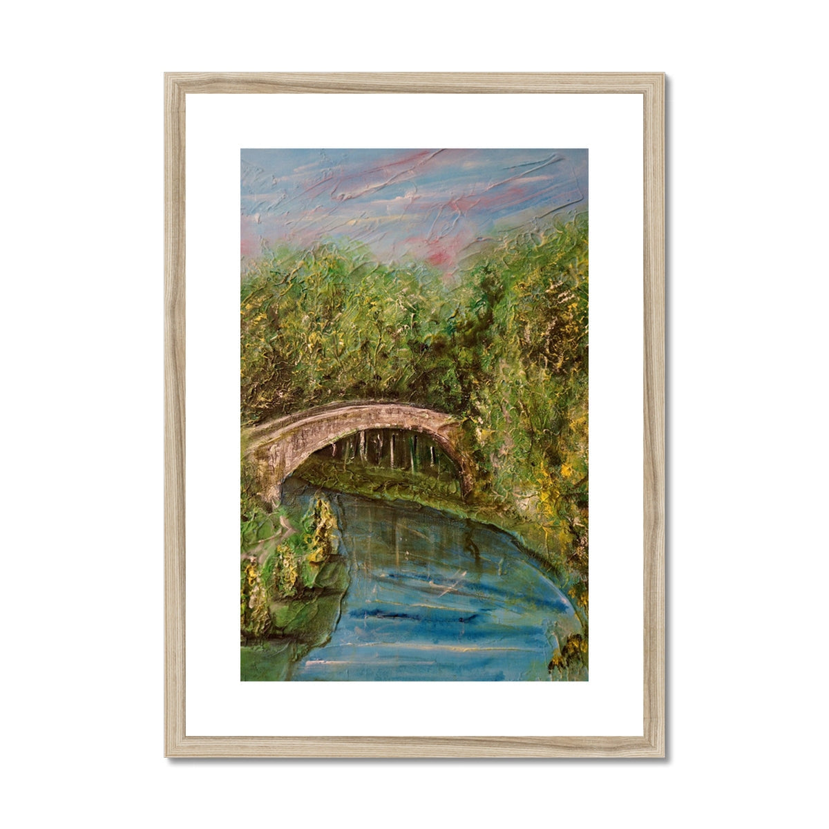 Wooden framed print of stone Brig o Doon bridge over water