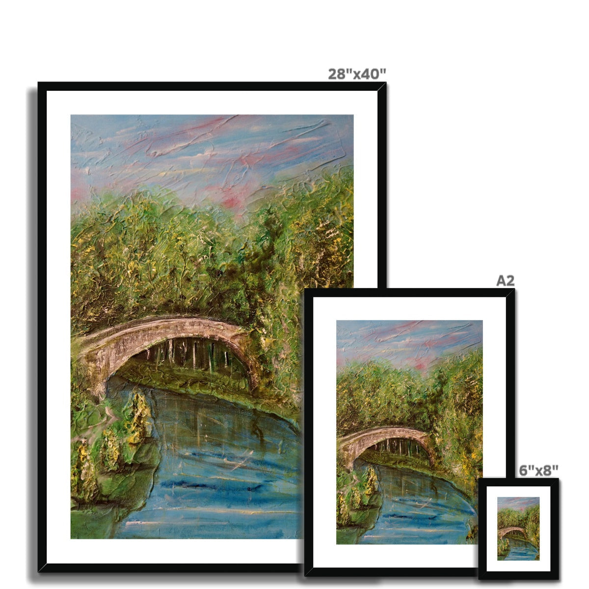 28x40 Framed Brig O Doon Bridge Painting with Green Foliage and Blue Water