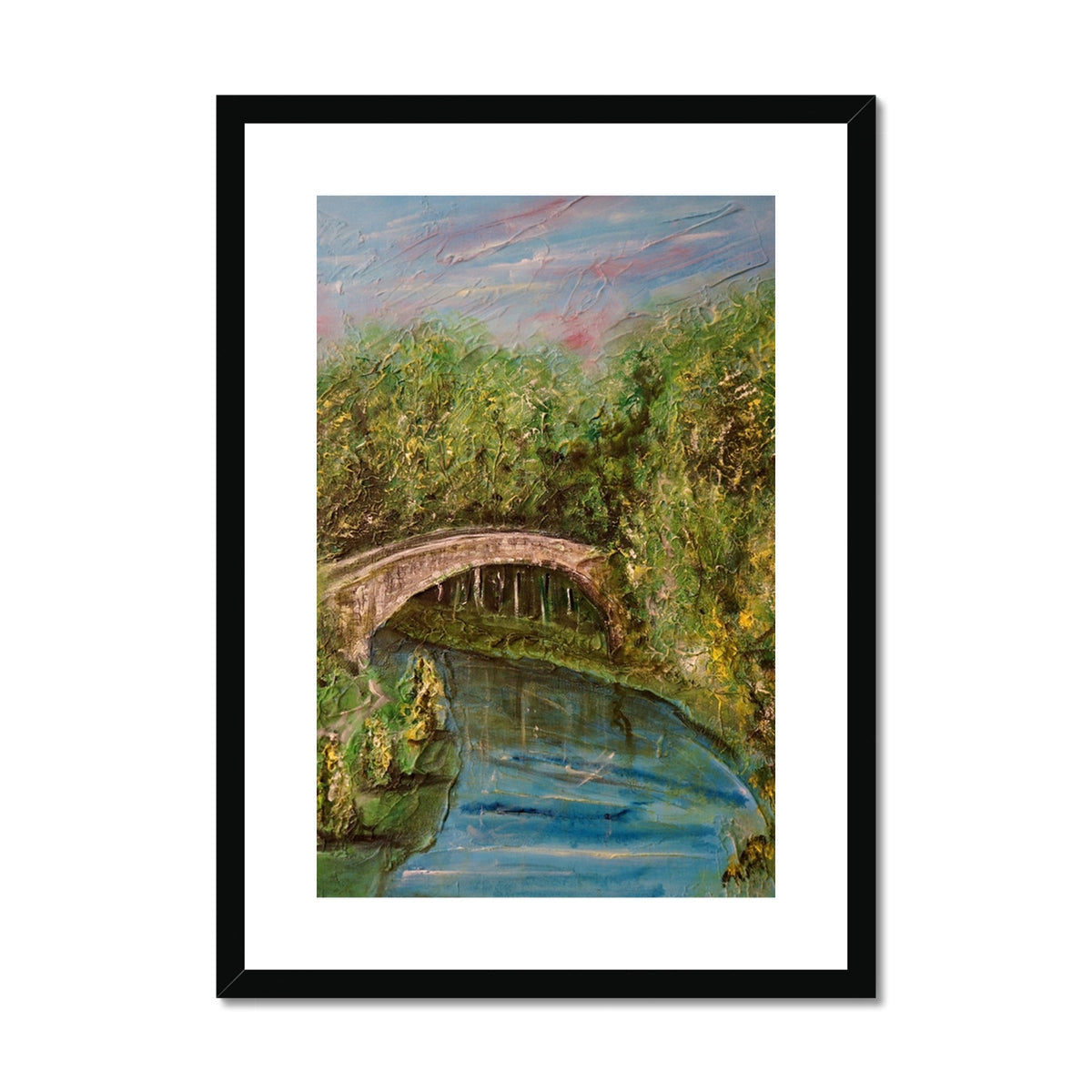 Black framed watercolor of Brig O Doon stone bridge over calm river