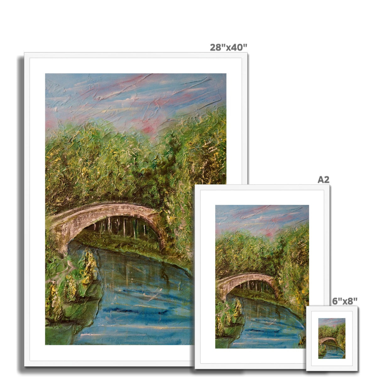 28x40 Framed Brig O Doon Bridge Painting with White Frame and Green Foliage