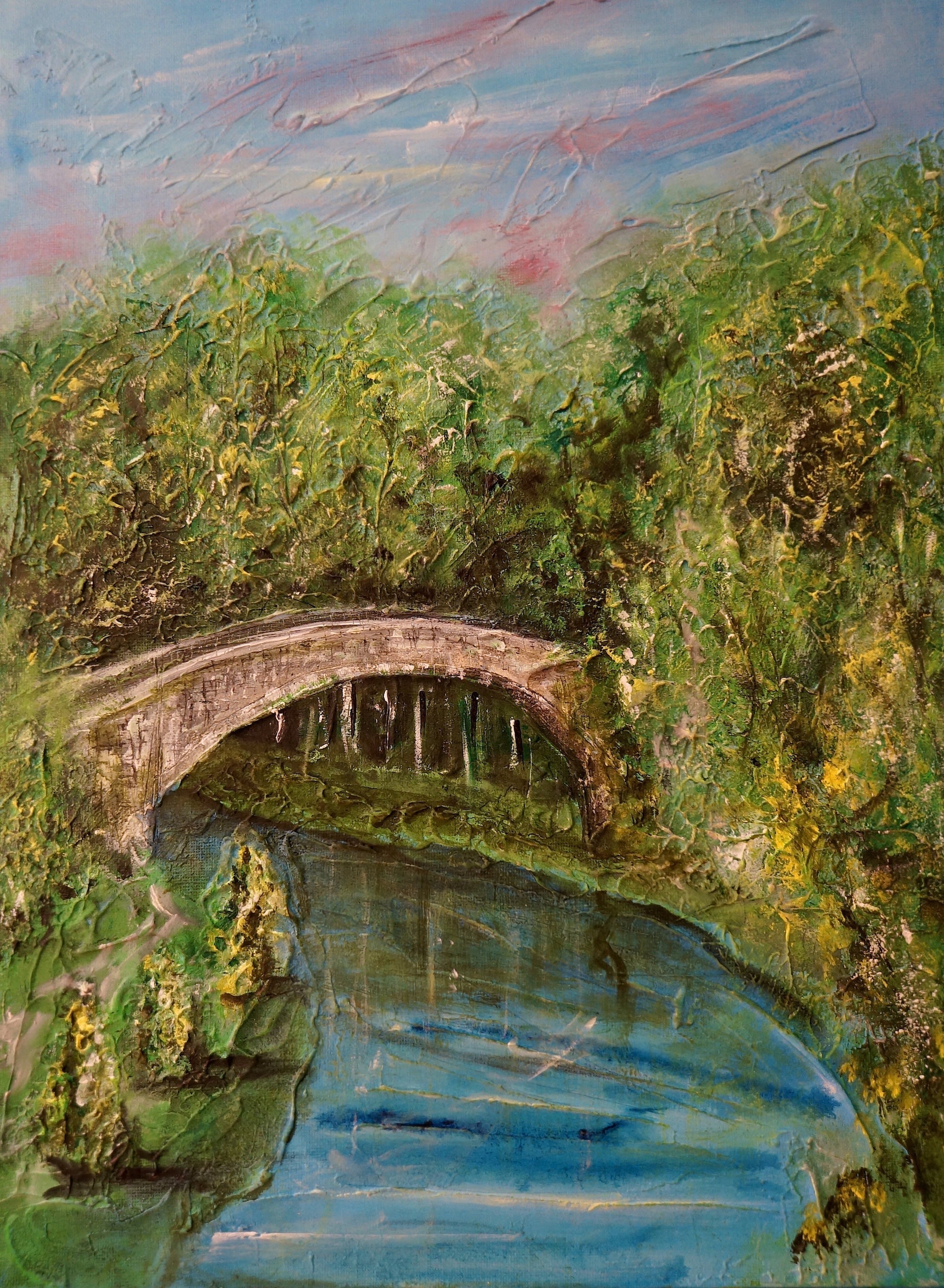 Stone arch Brig O Doon bridge over river, green foliage, blue sky painting