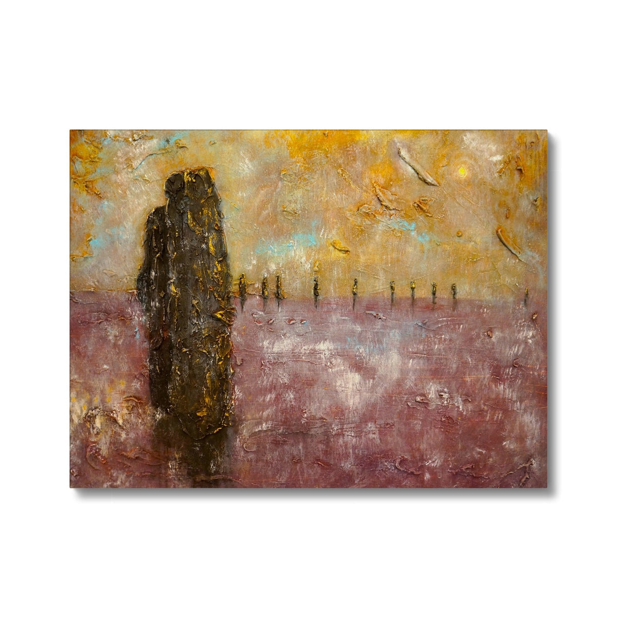 Black abstract Brodgar Mist Orkney canvas print with textured brushstrokes and gold accents