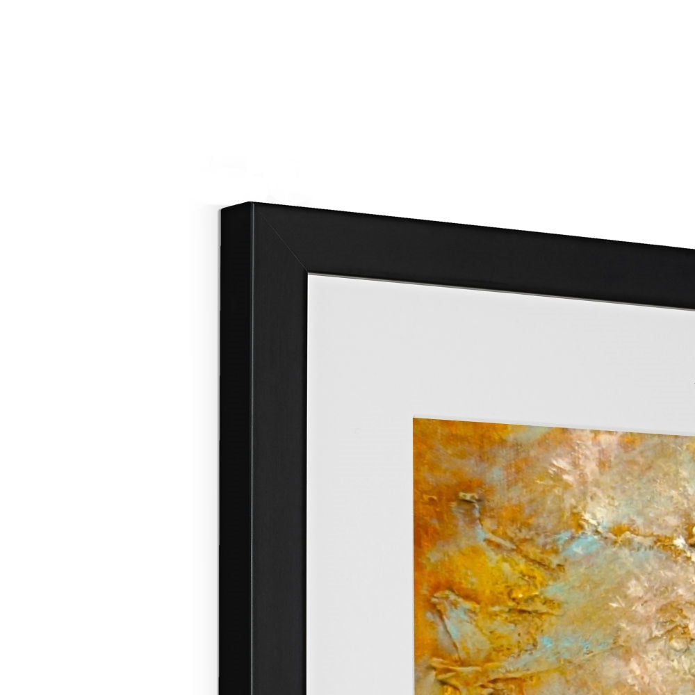 Brodgar Mist Orkney black framed abstract art print in gold blue hues