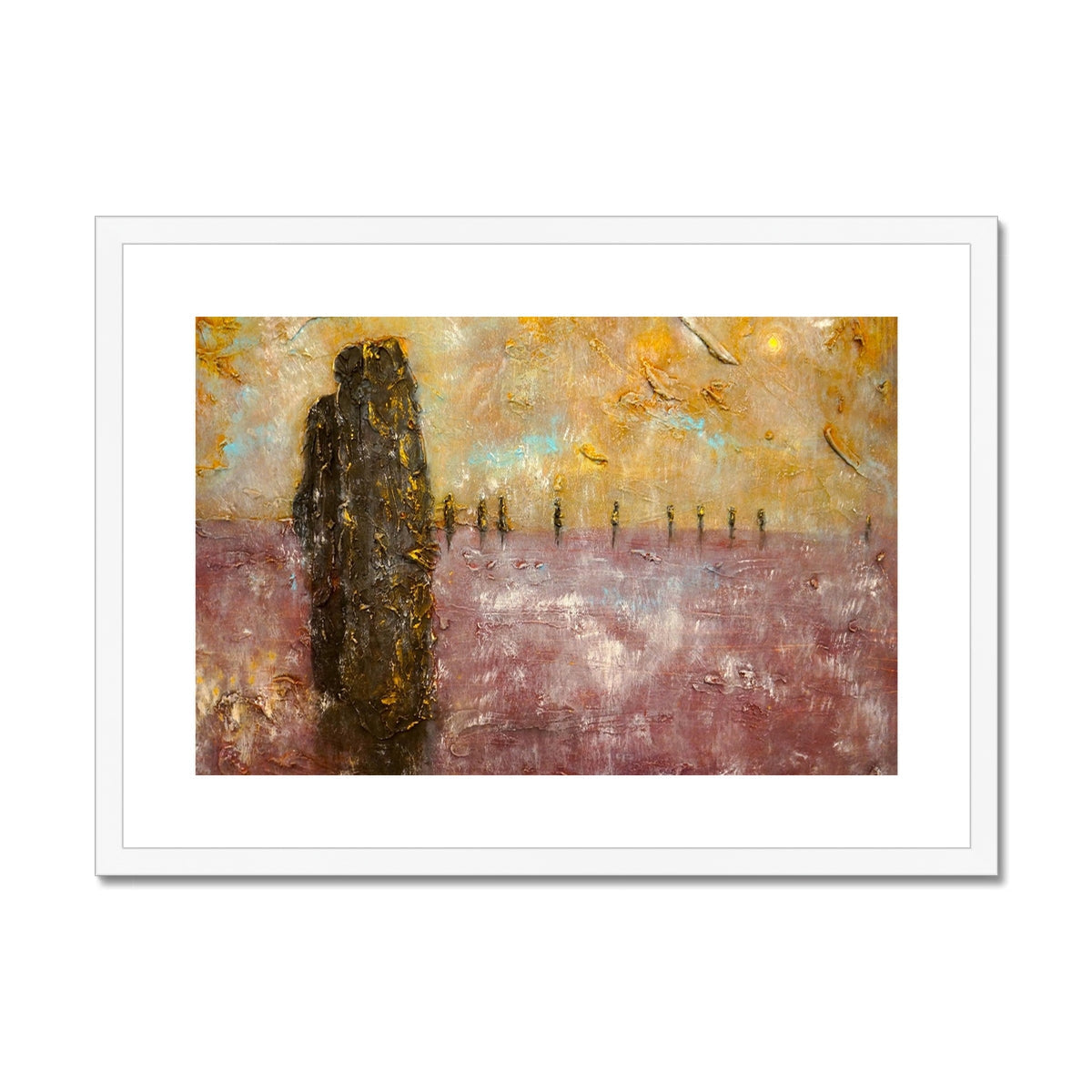 Brodgar Mist Orkney gold textured art print with black tree silhouette