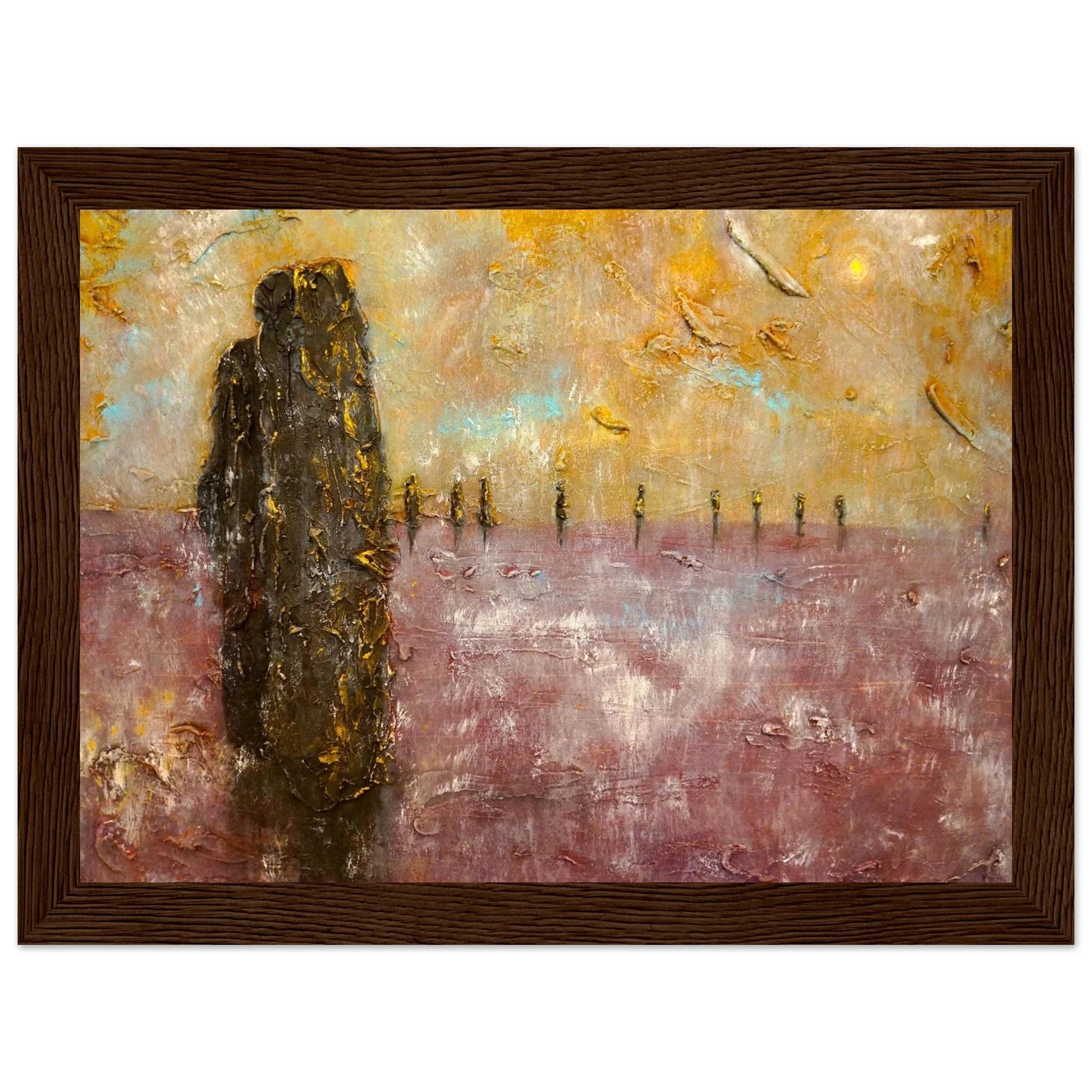 Textured abstract painting of shadowy figure in Brodgar Mist Orkney frame