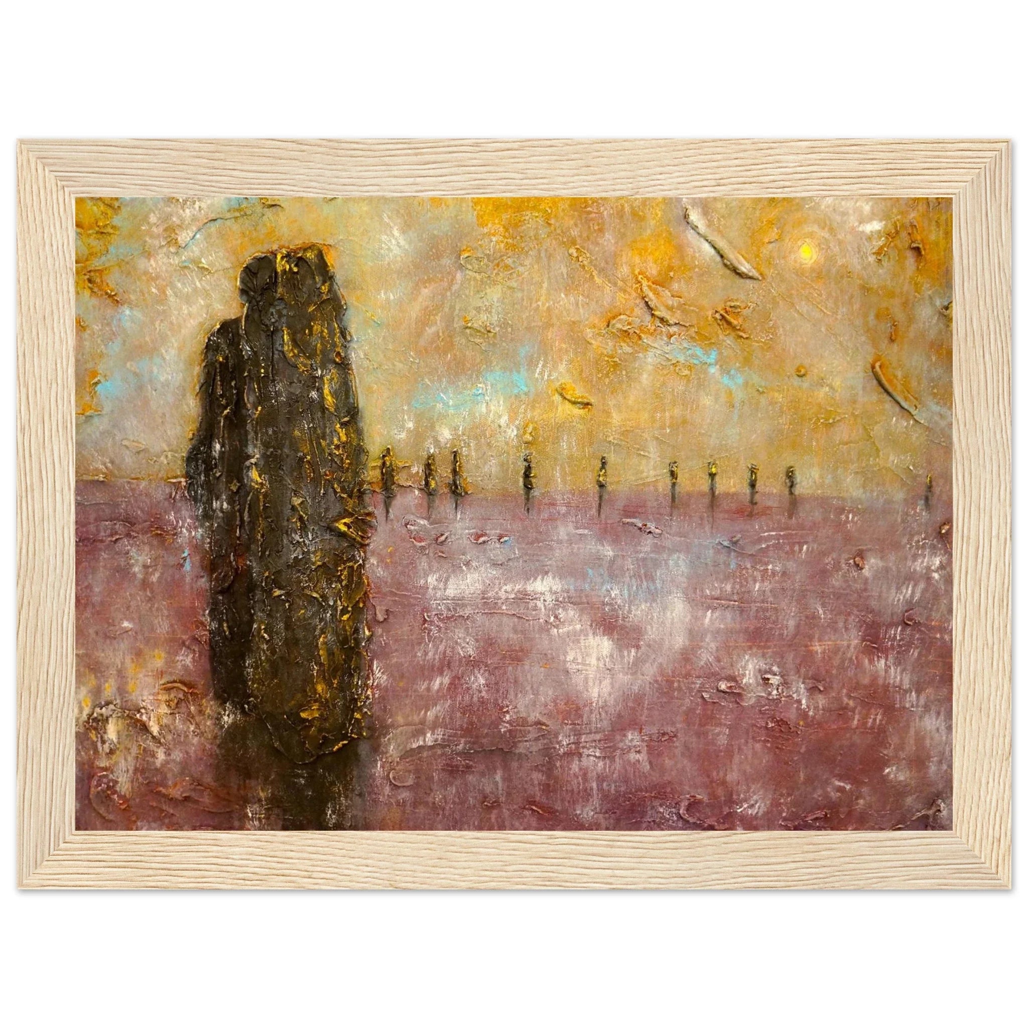 Brodgar Mist Orkney abstract painting in light wood frame