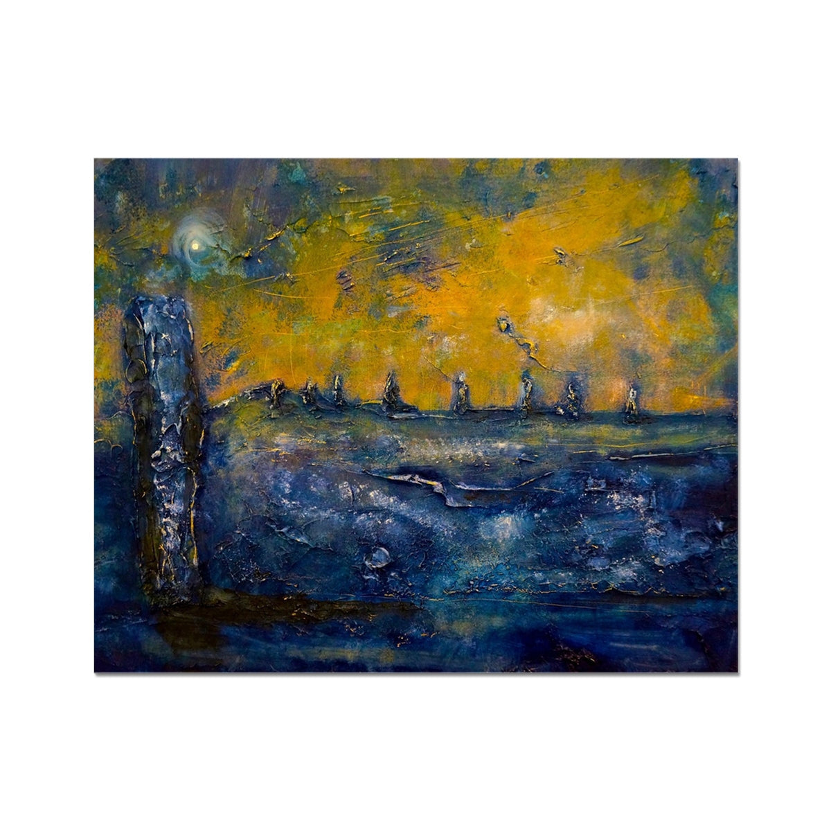 Blue and yellow abstract textured painting: Brodgar Moonlight Orkney Artist Proof Print