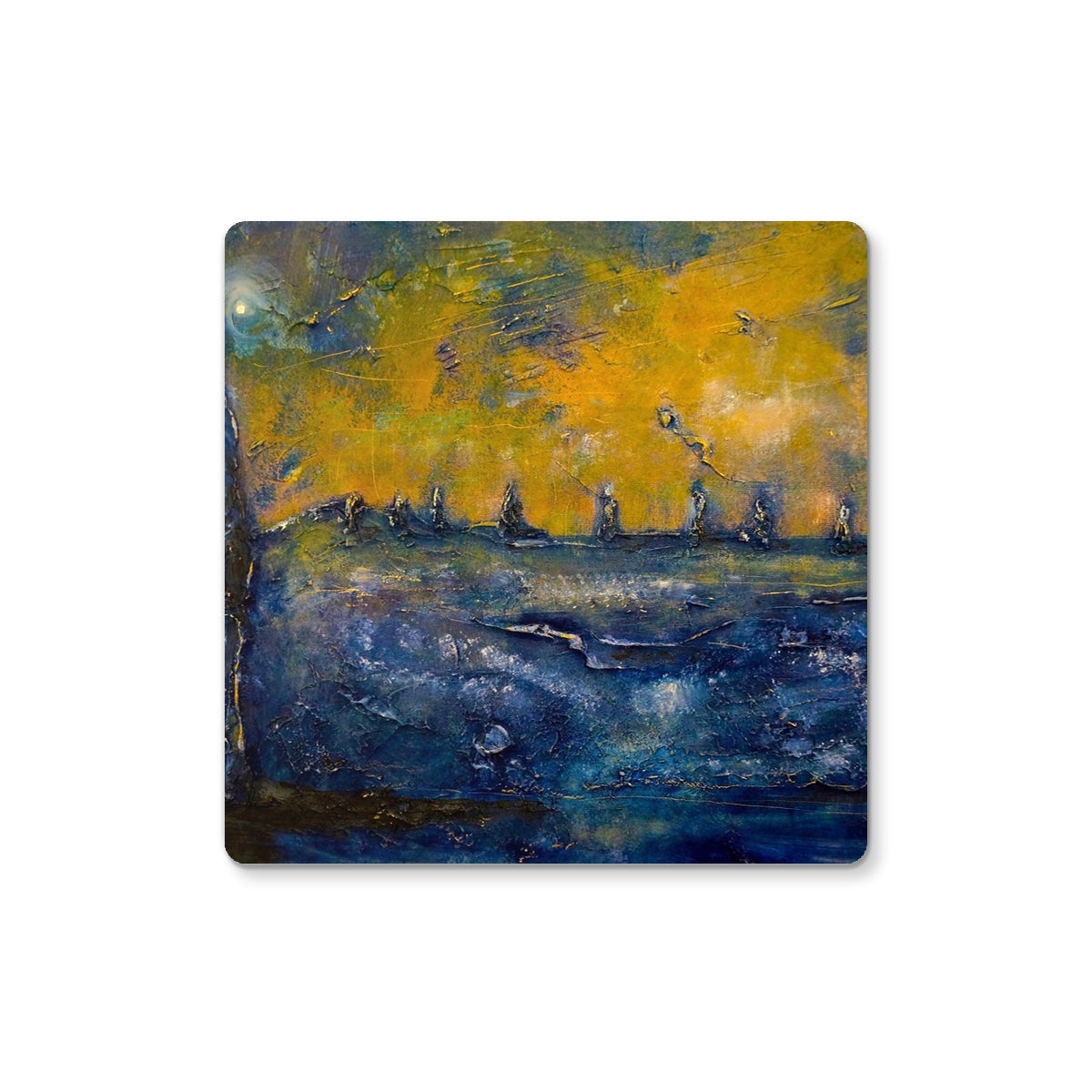 Brodgar Moonlight Orkney yellow and blue abstract painting coaster