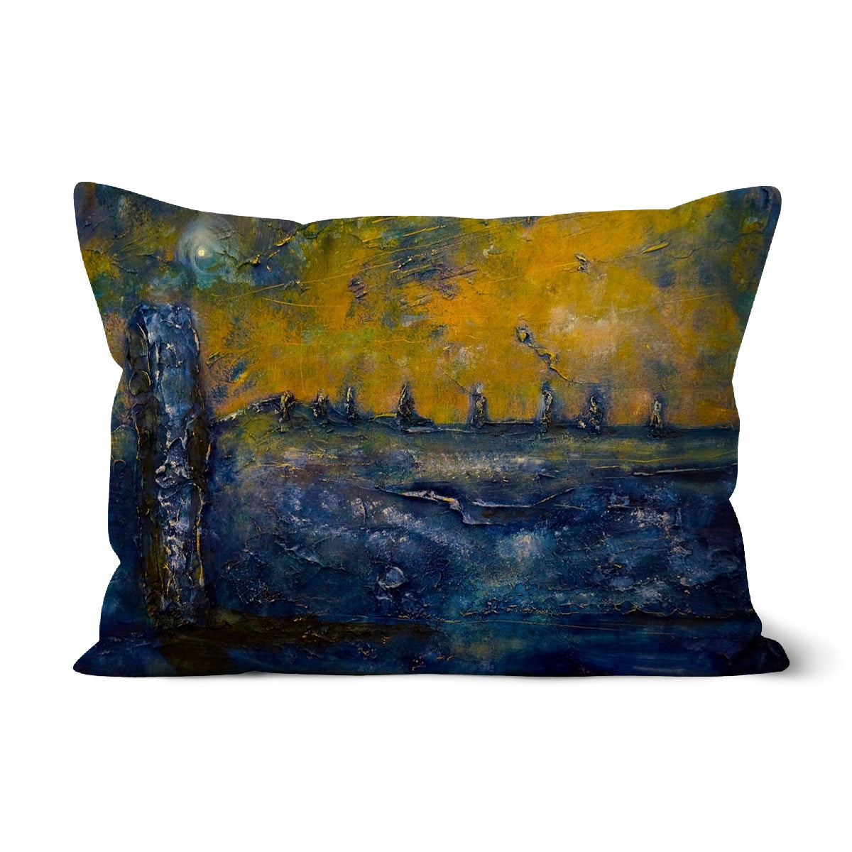 Navy blue mustard yellow abstract Orkney landscape textured throw pillow