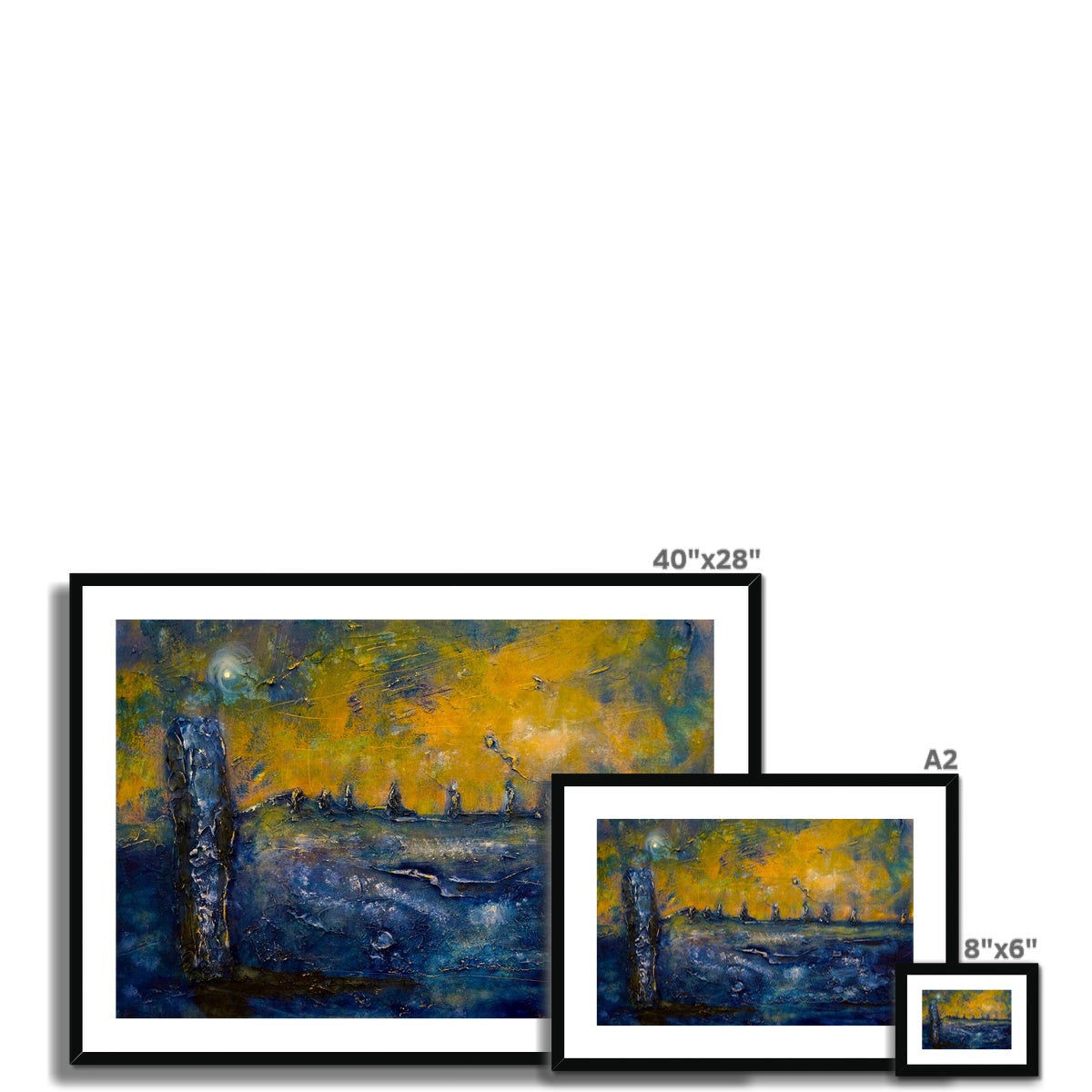 Brodgar Moonlight Orkney 40x28 framed abstract blue-yellow print