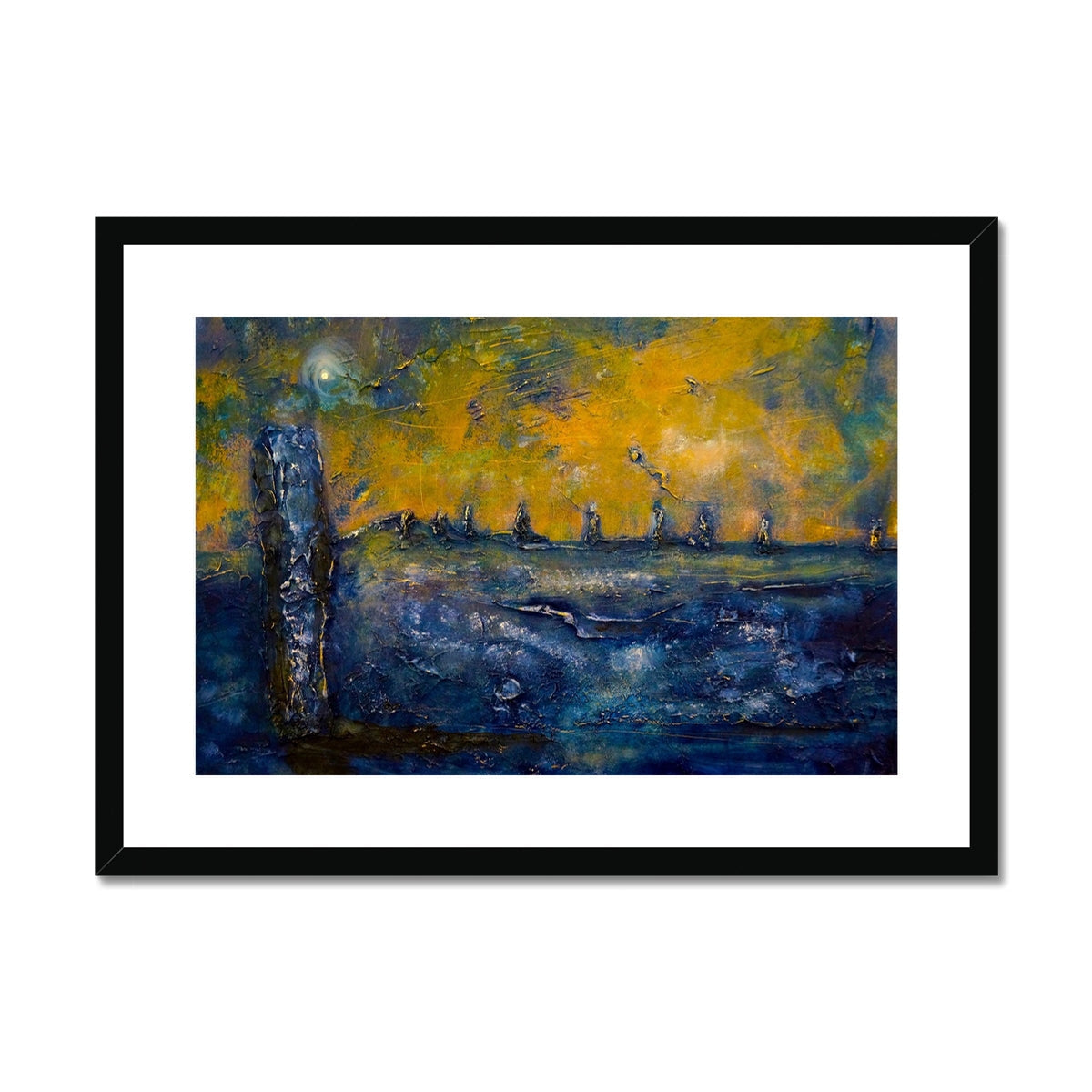 Brodgar Moonlight Orkney black framed abstract art print with yellow blue hues