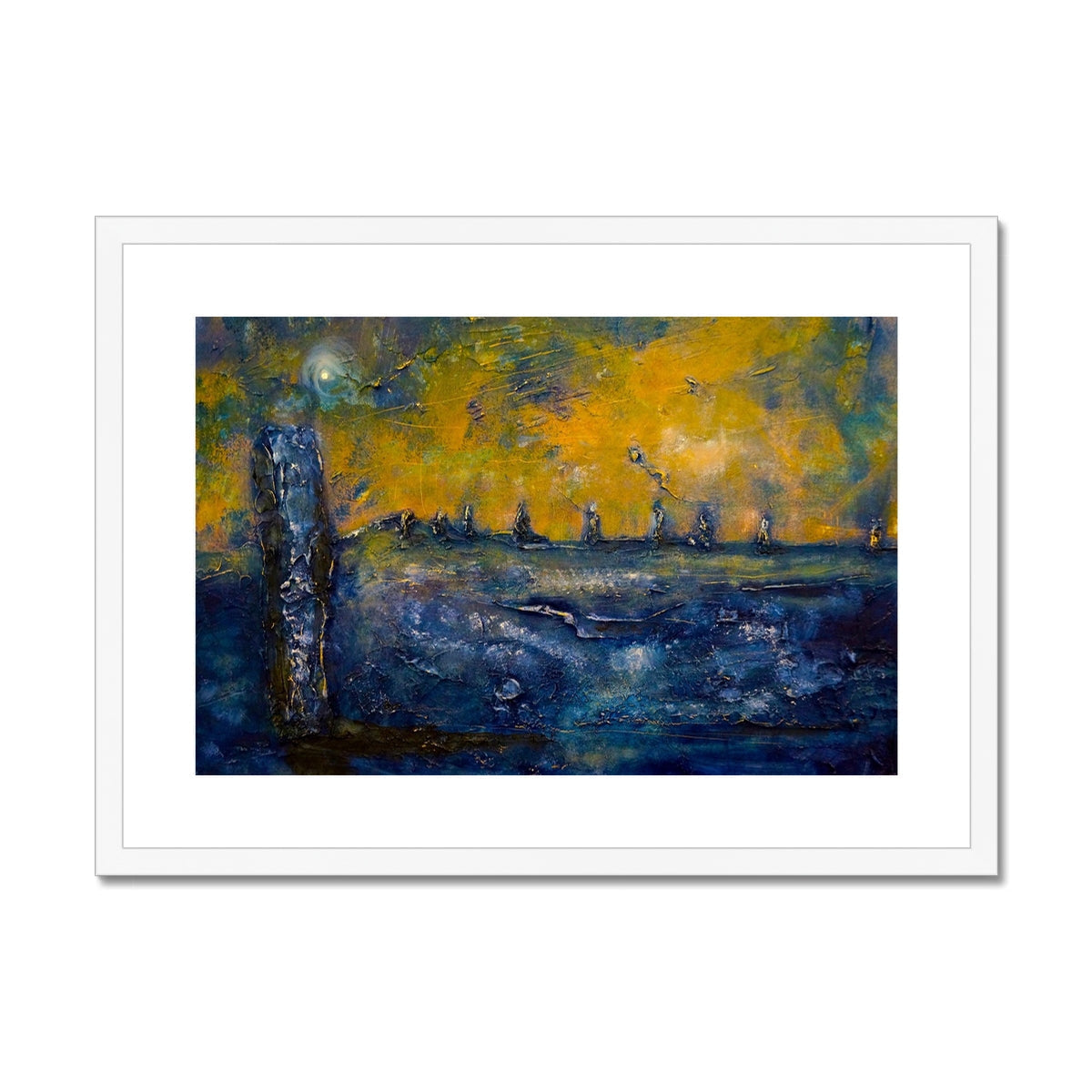 Blue abstract Brodgar Moonlight Orkney art print with yellow trees