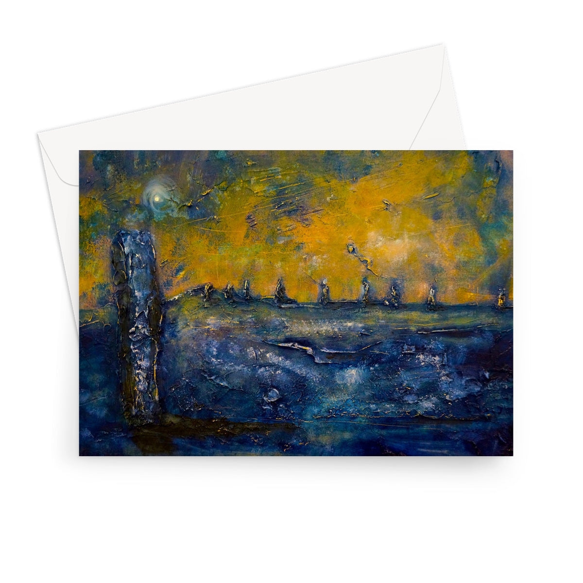 Yellow and blue abstract textured Brodgar Moonlight Orkney greeting card