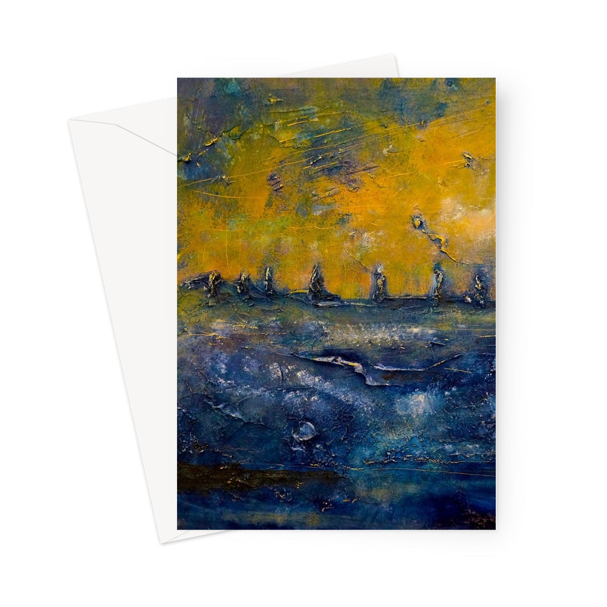 Yellow and blue abstract textured Brodgar Moonlight Orkney greeting card