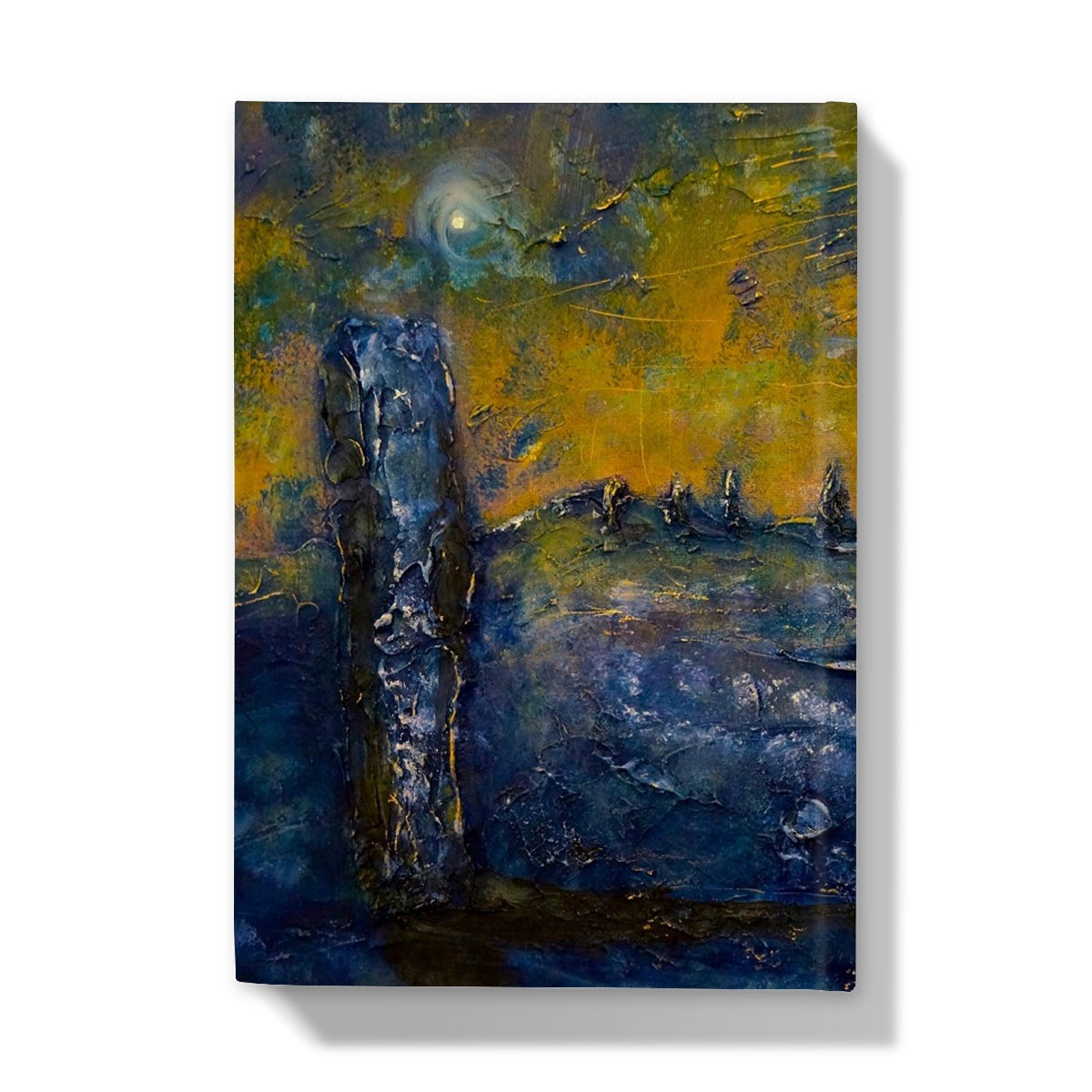 Blue abstract textured painting with central stone form on Brodgar Moonlight Orkney journal