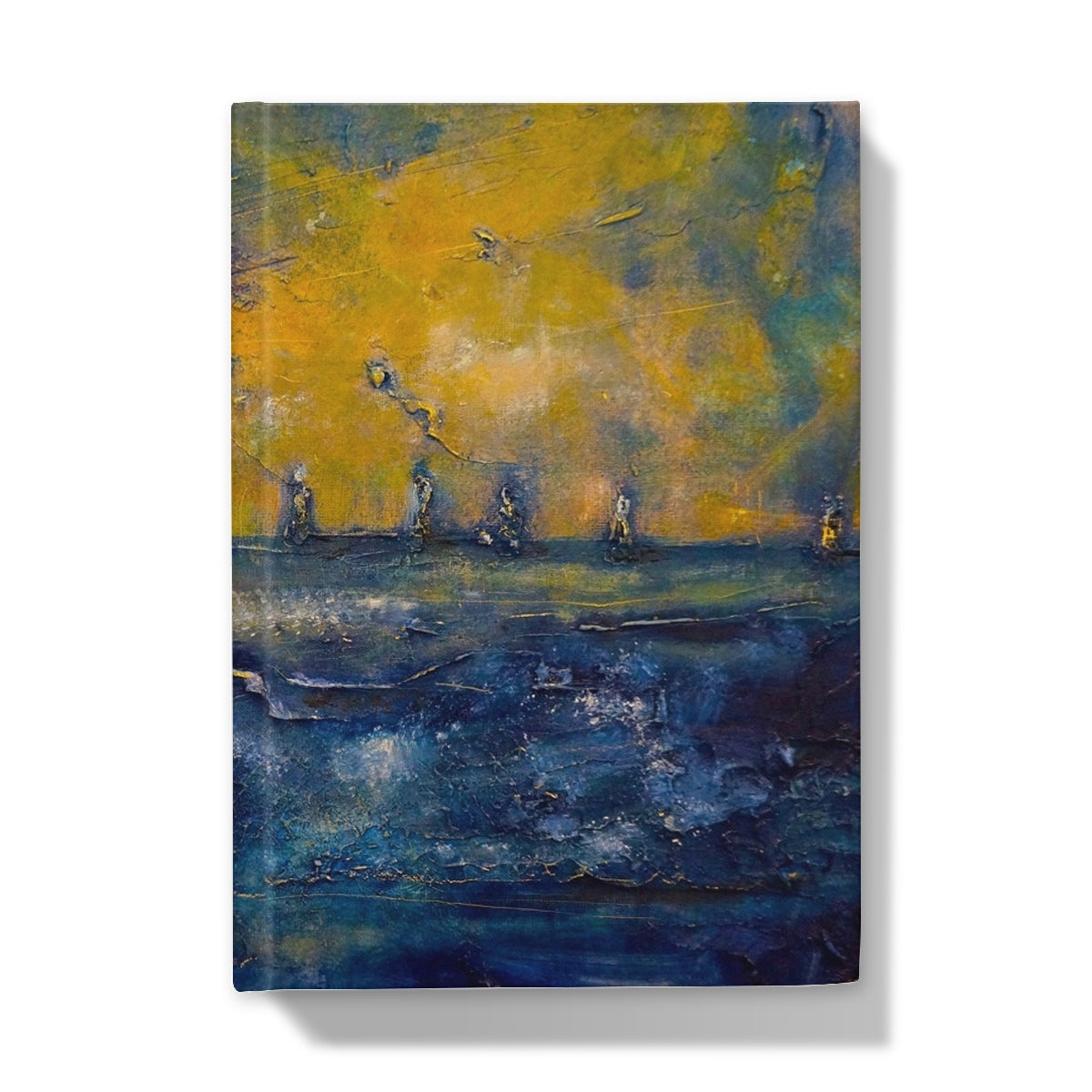 Yellow and blue abstract textured canvas painting on Brodgar Moonlight Orkney journal