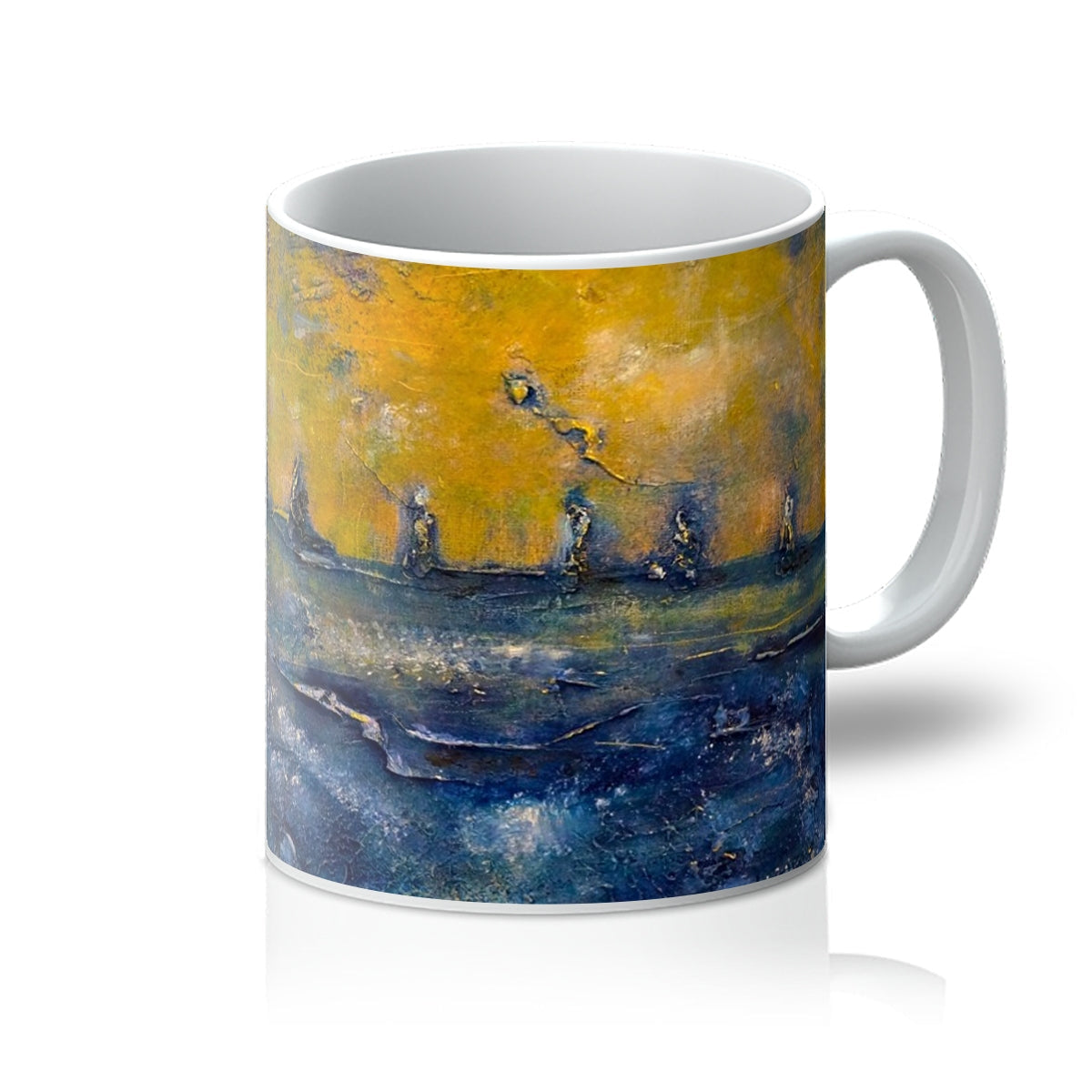 Brodgar Moonlight Orkney Mug with yellow-blue abstract ceramic design