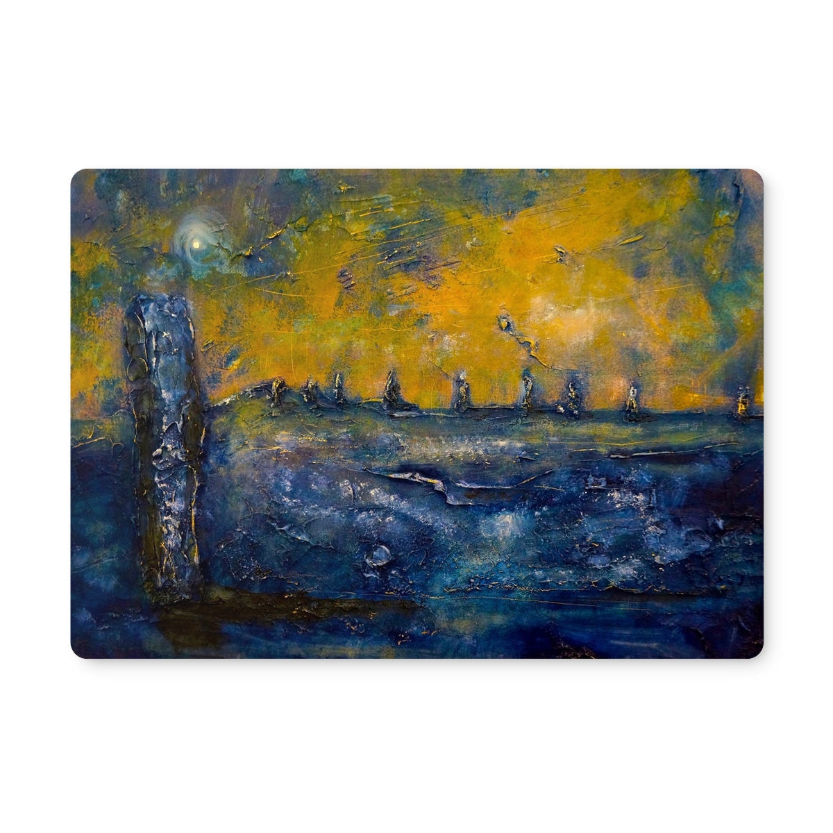 Blue abstract Brodgar Moonlight Orkney placemat with yellow black accents