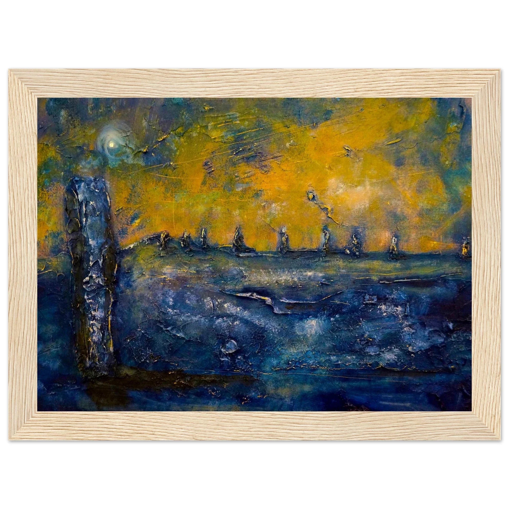 Abstract Brodgar Moonlight Orkney painting in light wood frame