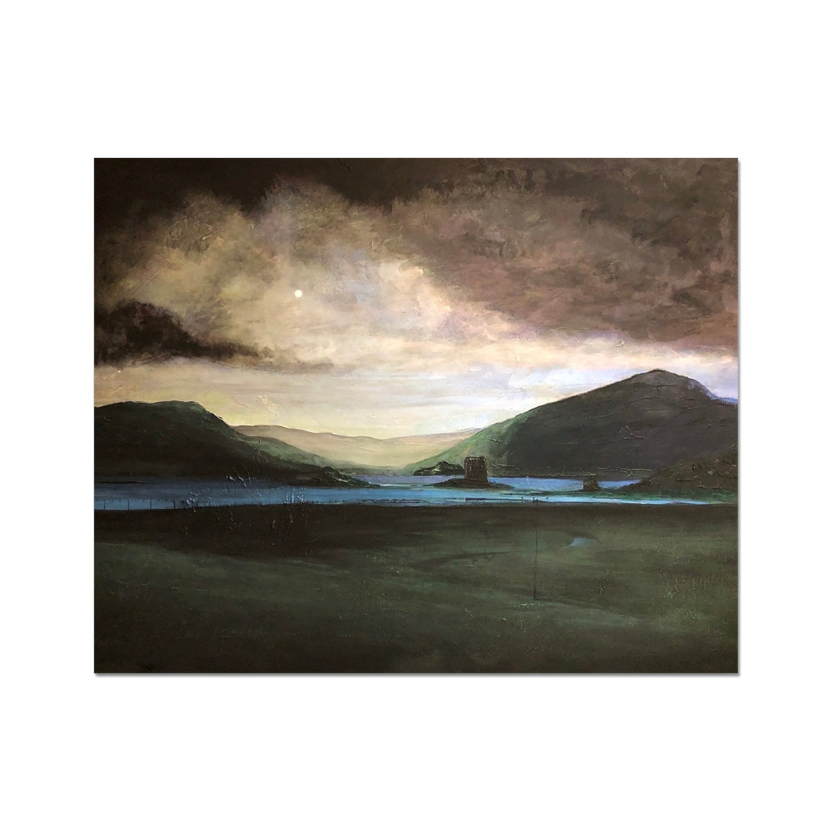 Painted landscape with mountains, lake, and cloudy sky for Brooding Castle Stalker print