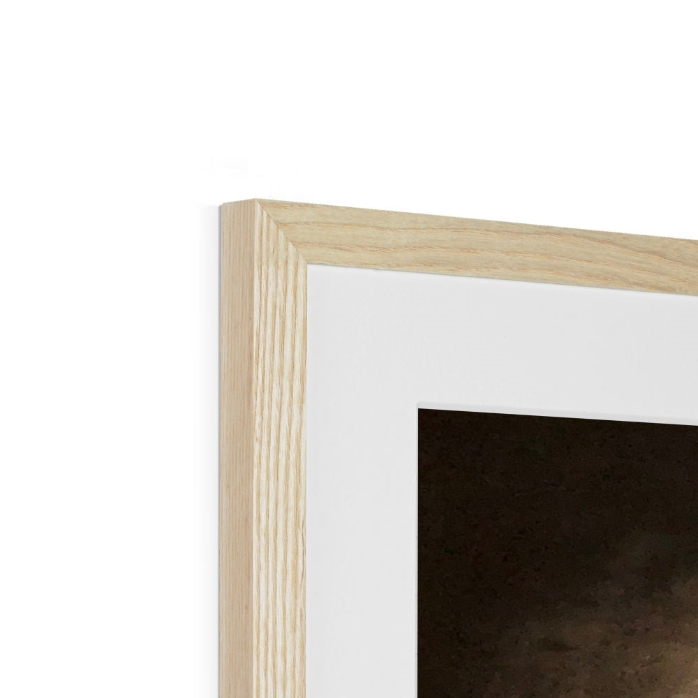 Light wood picture frame with white mat and dark artwork for Brooding Castle Stalker print