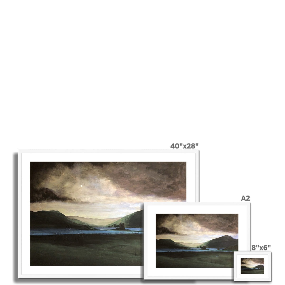 Set of three framed landscape paintings displayed with A Brooding Castle Stalker print