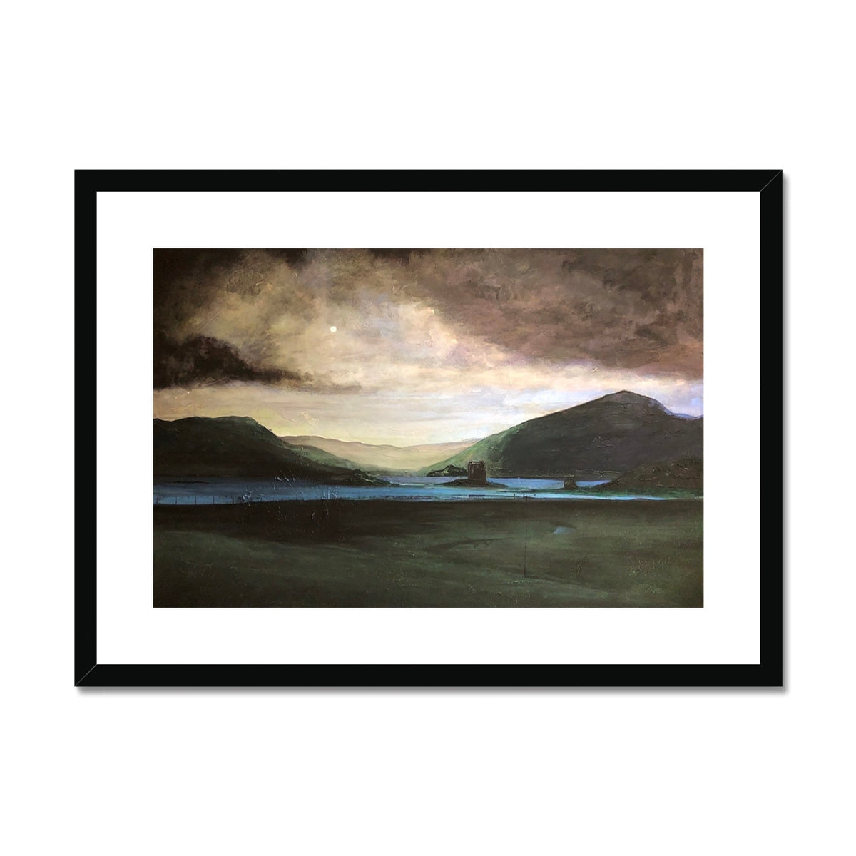 Framed landscape painting of cloudy sky, mountains, water, and small moon for Brooding Castle Stalker print