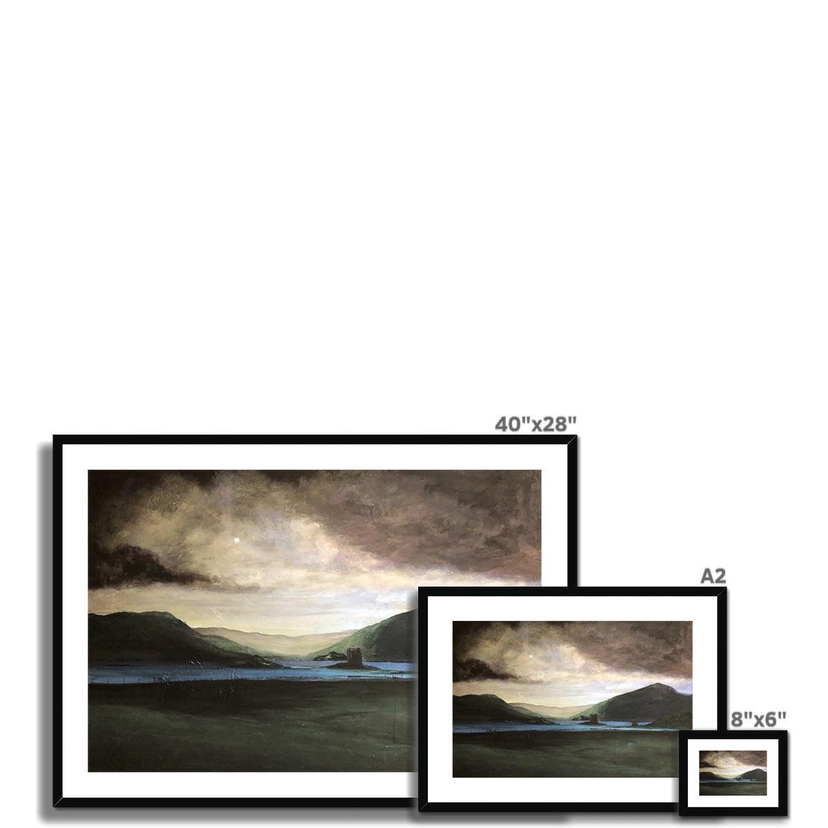 Three framed landscape paintings of varying sizes displayed with A Brooding Castle Stalker print