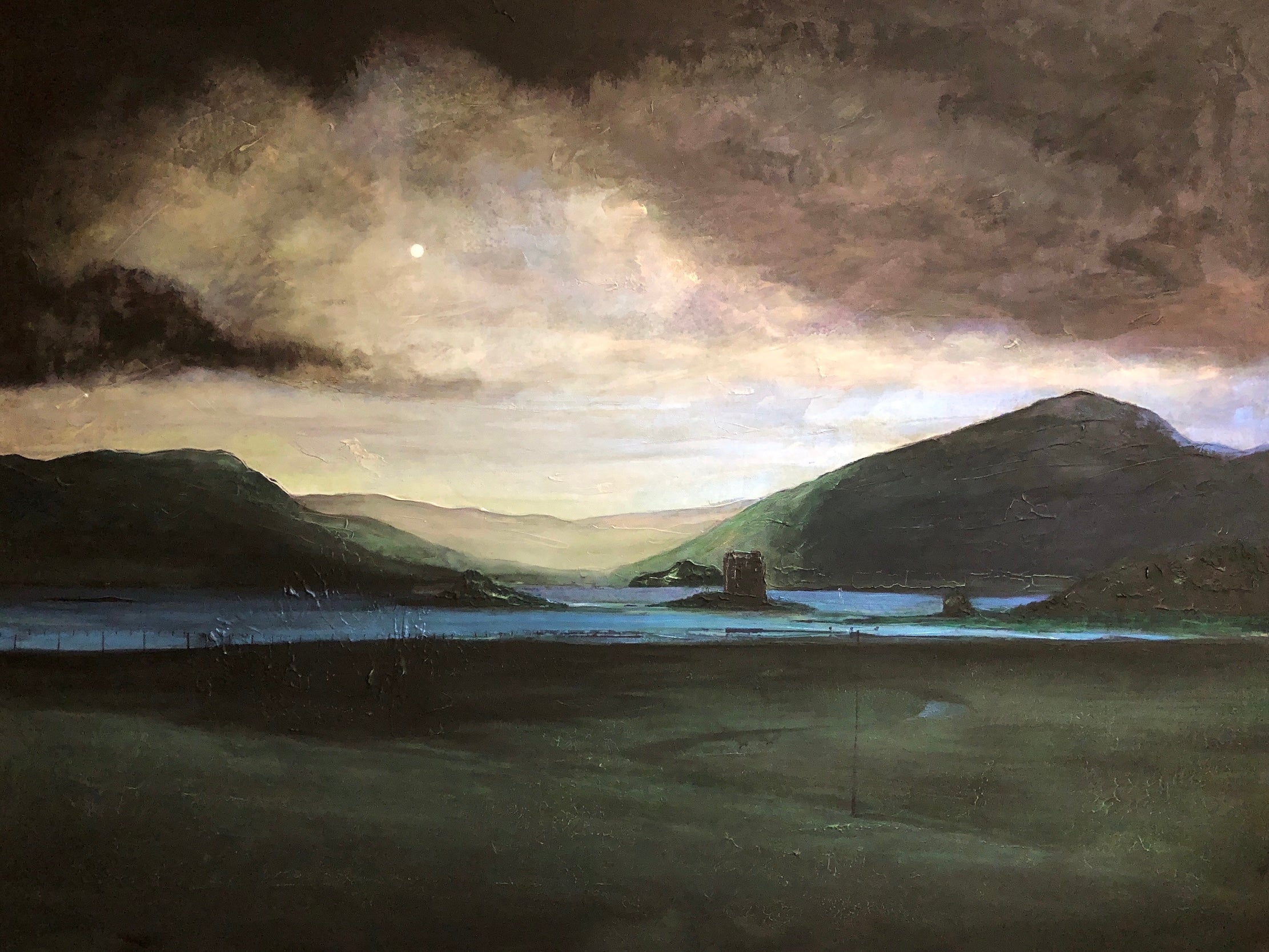 Original Scottish landscape painting featuring mountains, a lake, and a castle under clouds
