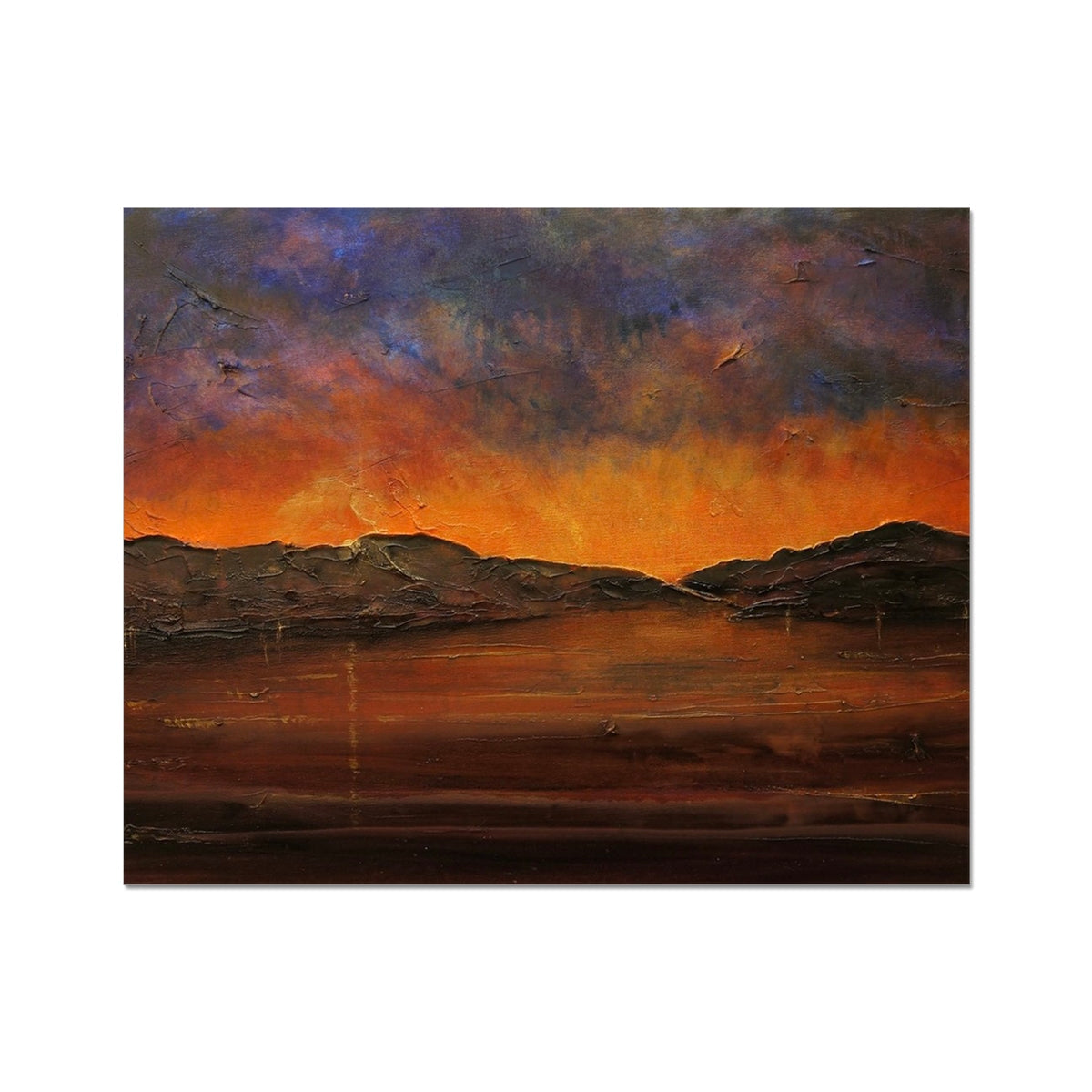 Impressionistic sunset landscape painting of mountains on A Brooding Clyde Dusk Artist Proof Collector Print