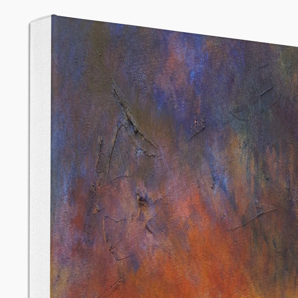 A Brooding Clyde Dusk abstract canvas print with textured orange purple hues