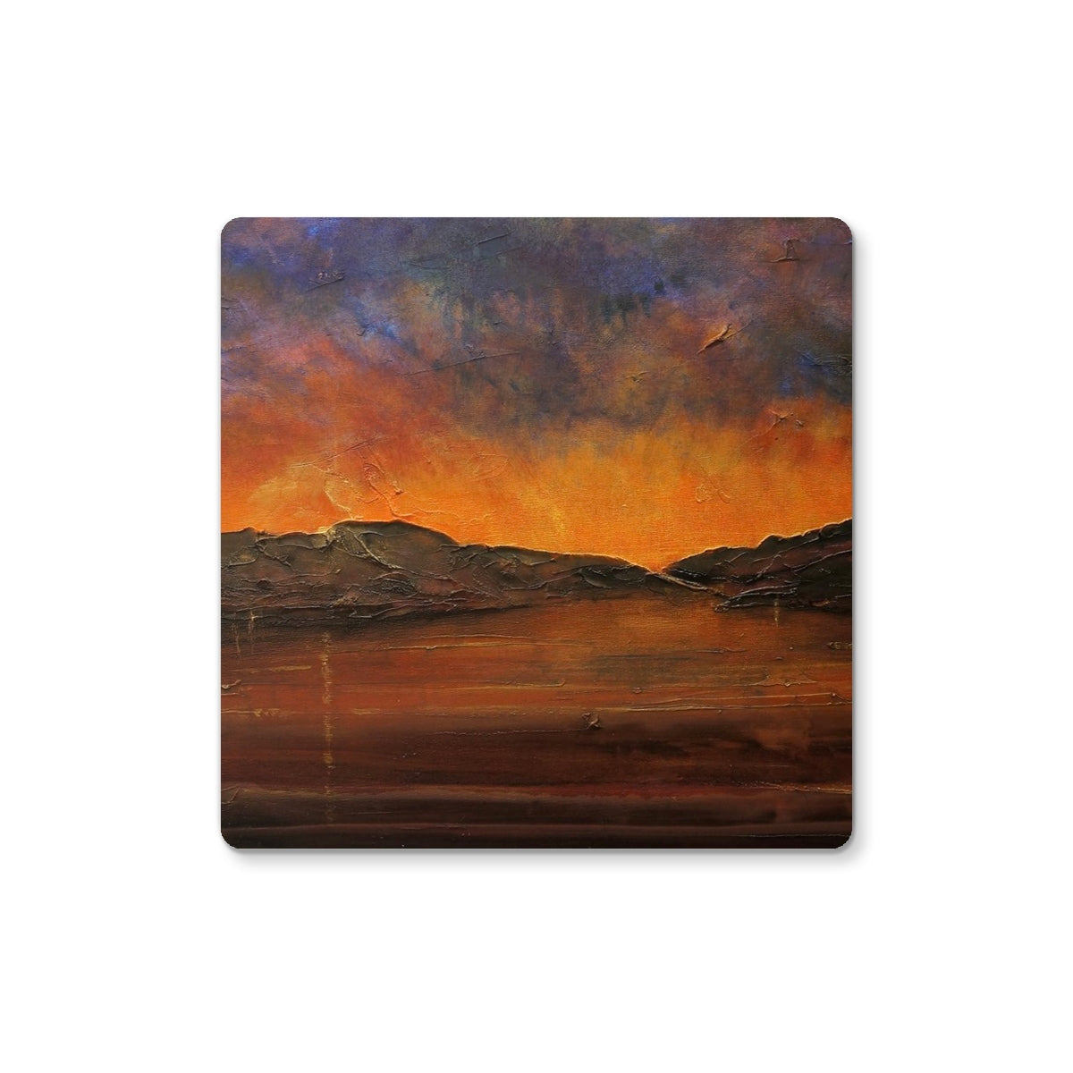 Orange and purple abstract landscape coaster from the Brooding Clyde Dusk collection
