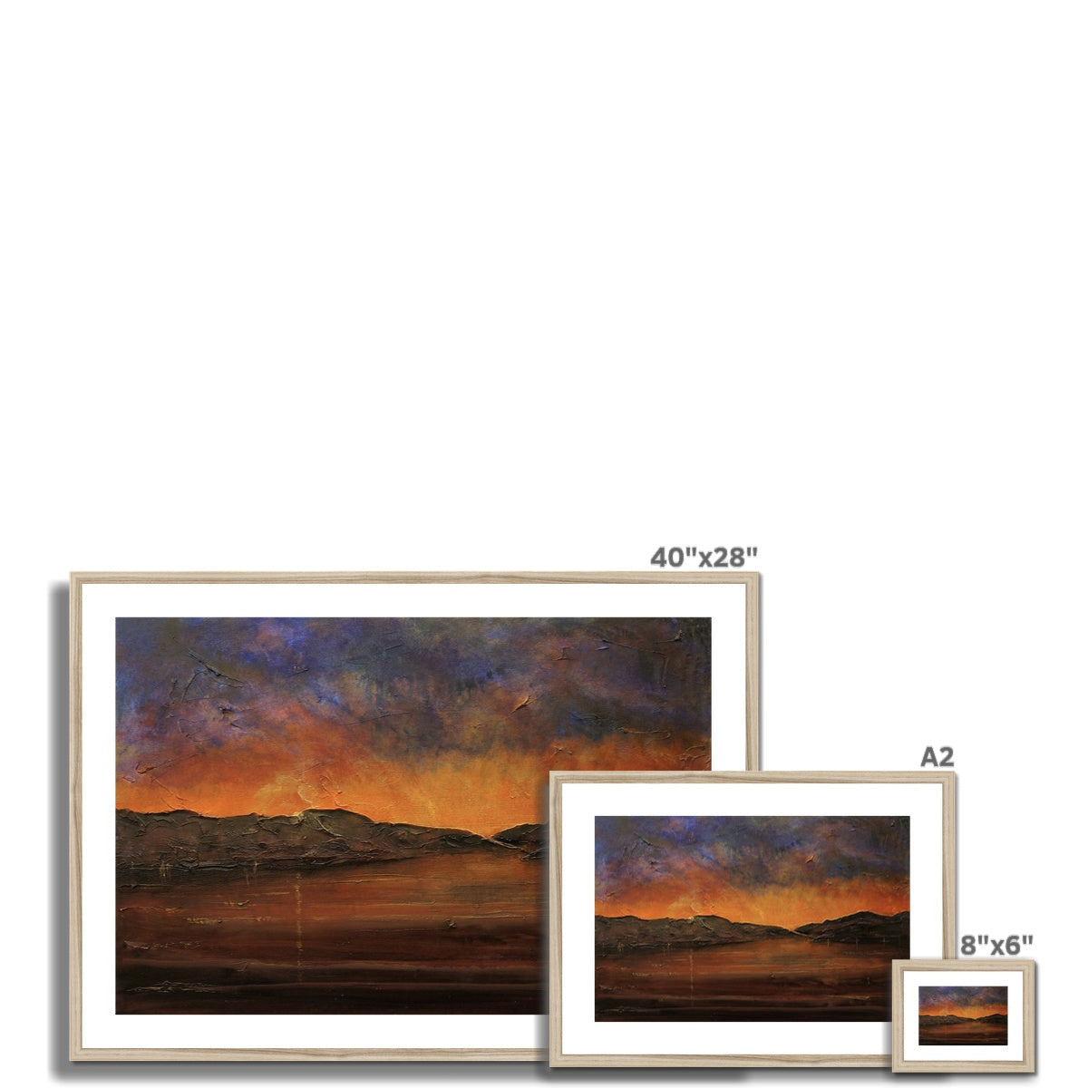 Framed Desert Sunset Landscape Print measuring 40 by 28 inches displayed in A Brooding Clyde Dusk frame