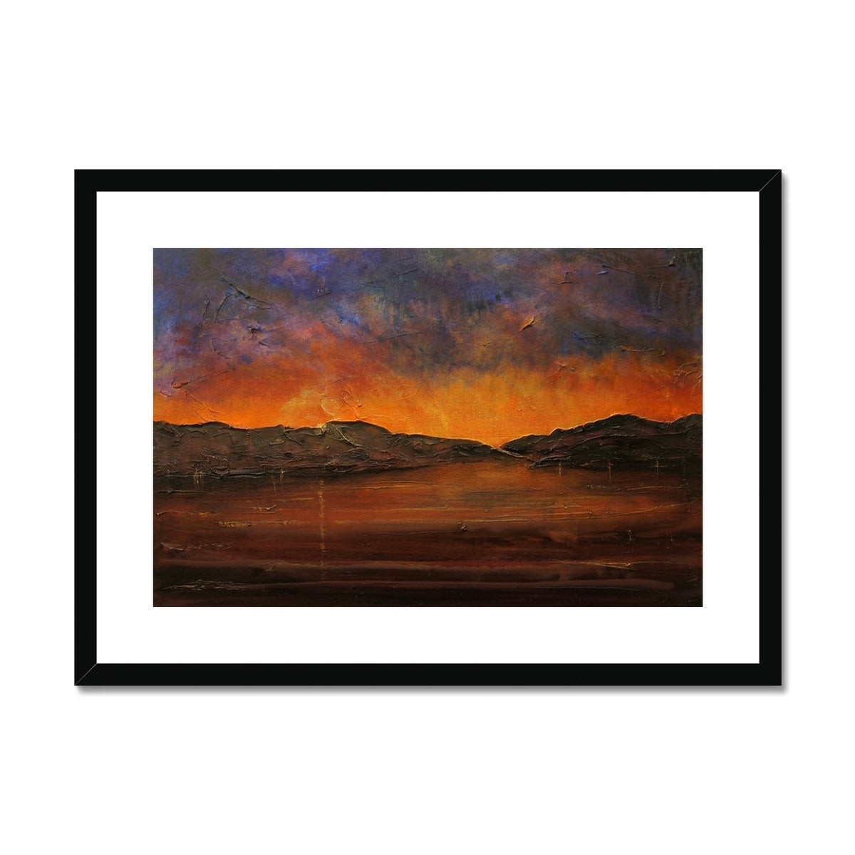 Black framed canvas print of a sunset landscape with mountains and water, titled A Brooding Clyde Dusk
