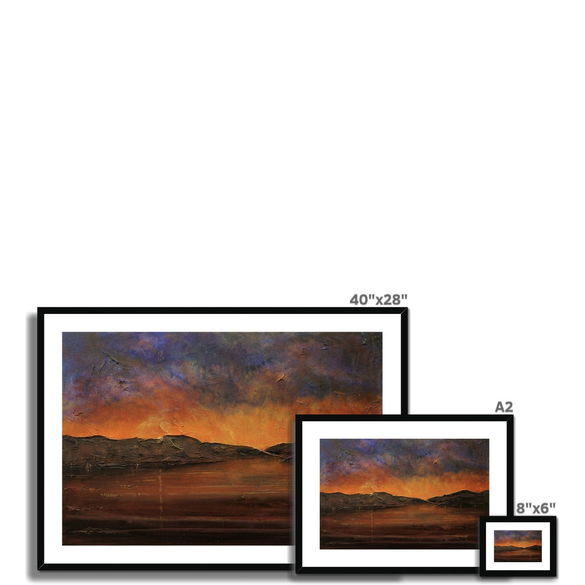 Framed landscape print of a vibrant sunset over mountains in A Brooding Clyde Dusk design