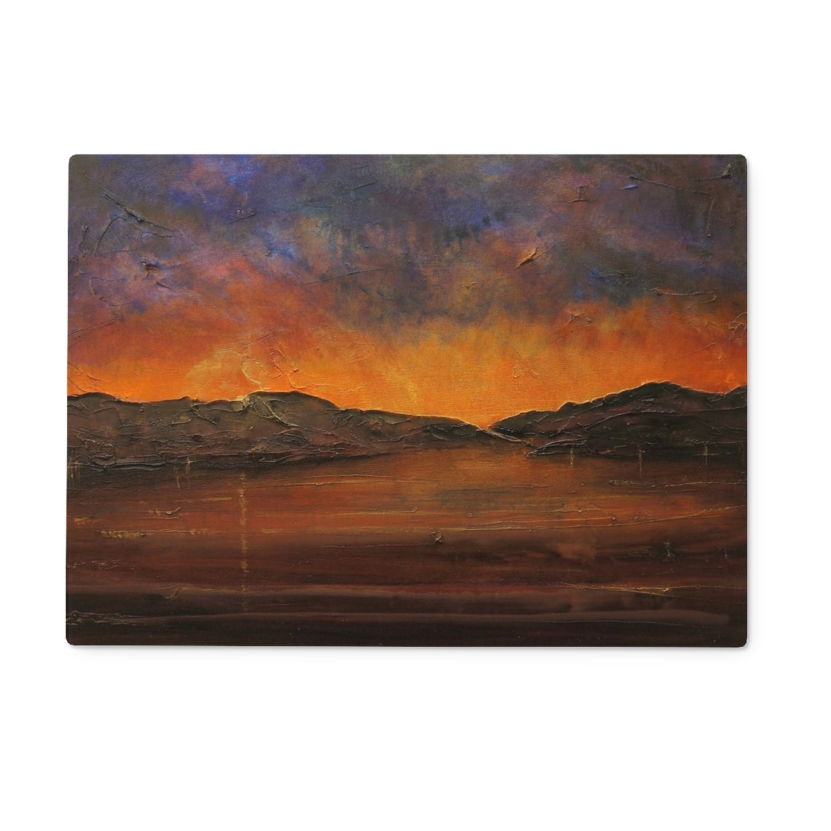 Textured oil painting of a sunset over water with distant mountains on A Brooding Clyde Dusk Glass Chopping Board