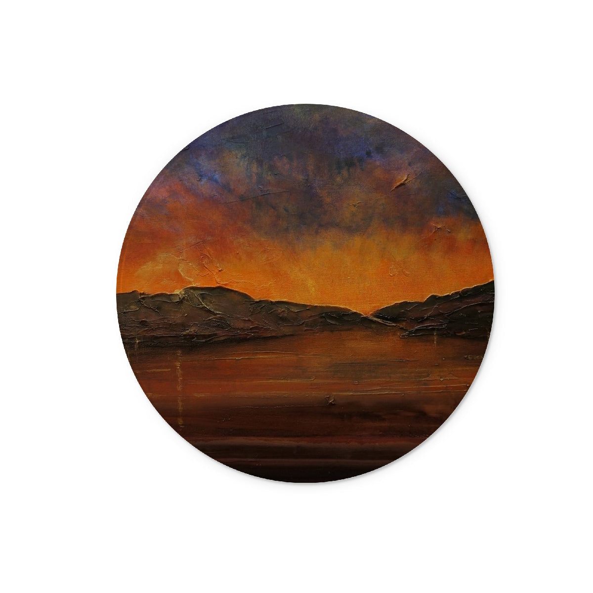 Circular oil painting of a sunset over mountains and water on the Brooding Clyde Dusk Glass Chopping Board