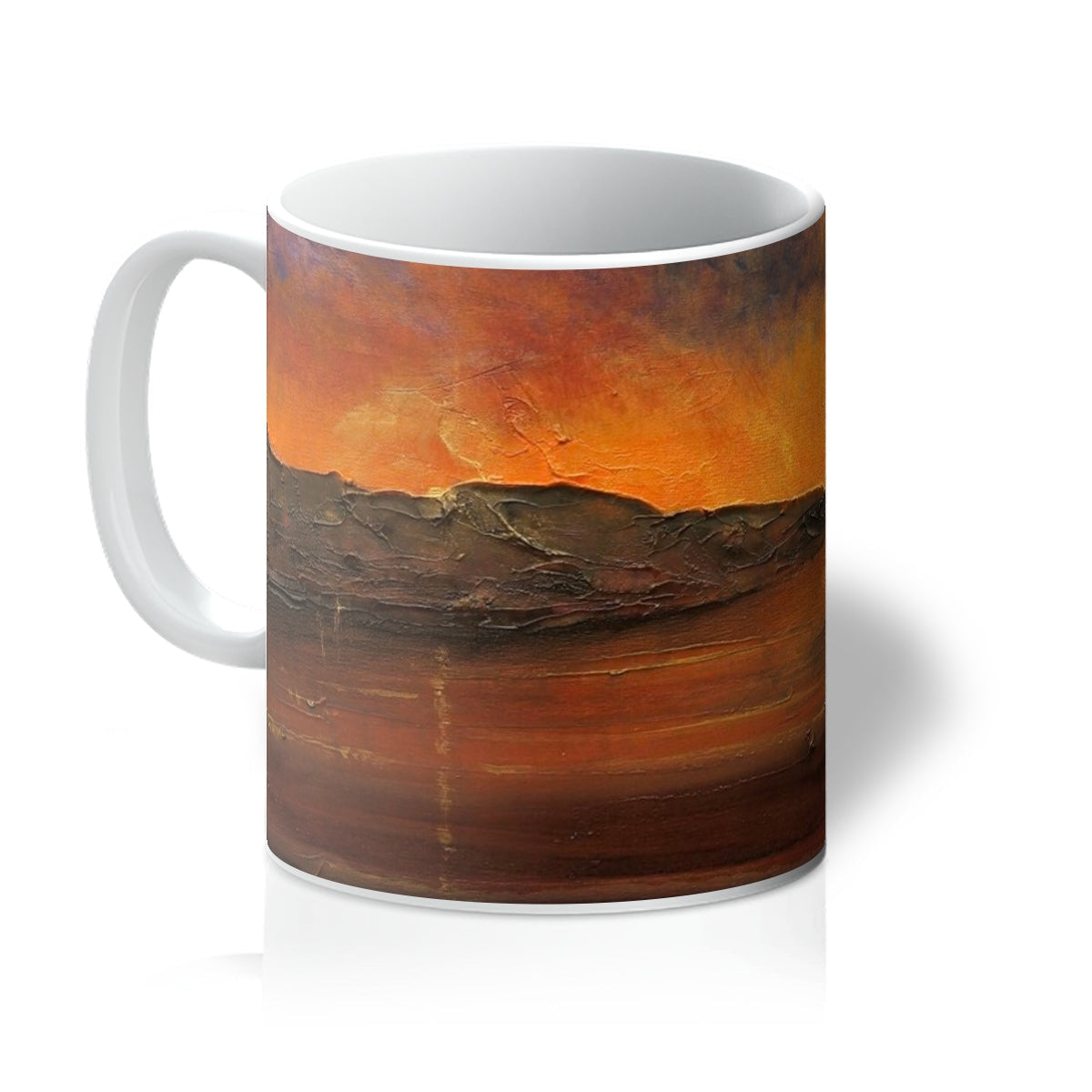 White ceramic Mug featuring a vibrant textured Sunset over a dark landscape painting