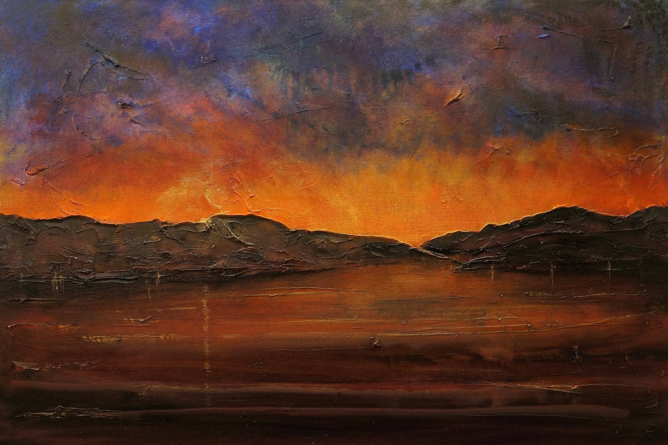 Textured oil painting of a sunset over mountains and water for Brooding Clyde Dusk wall art
