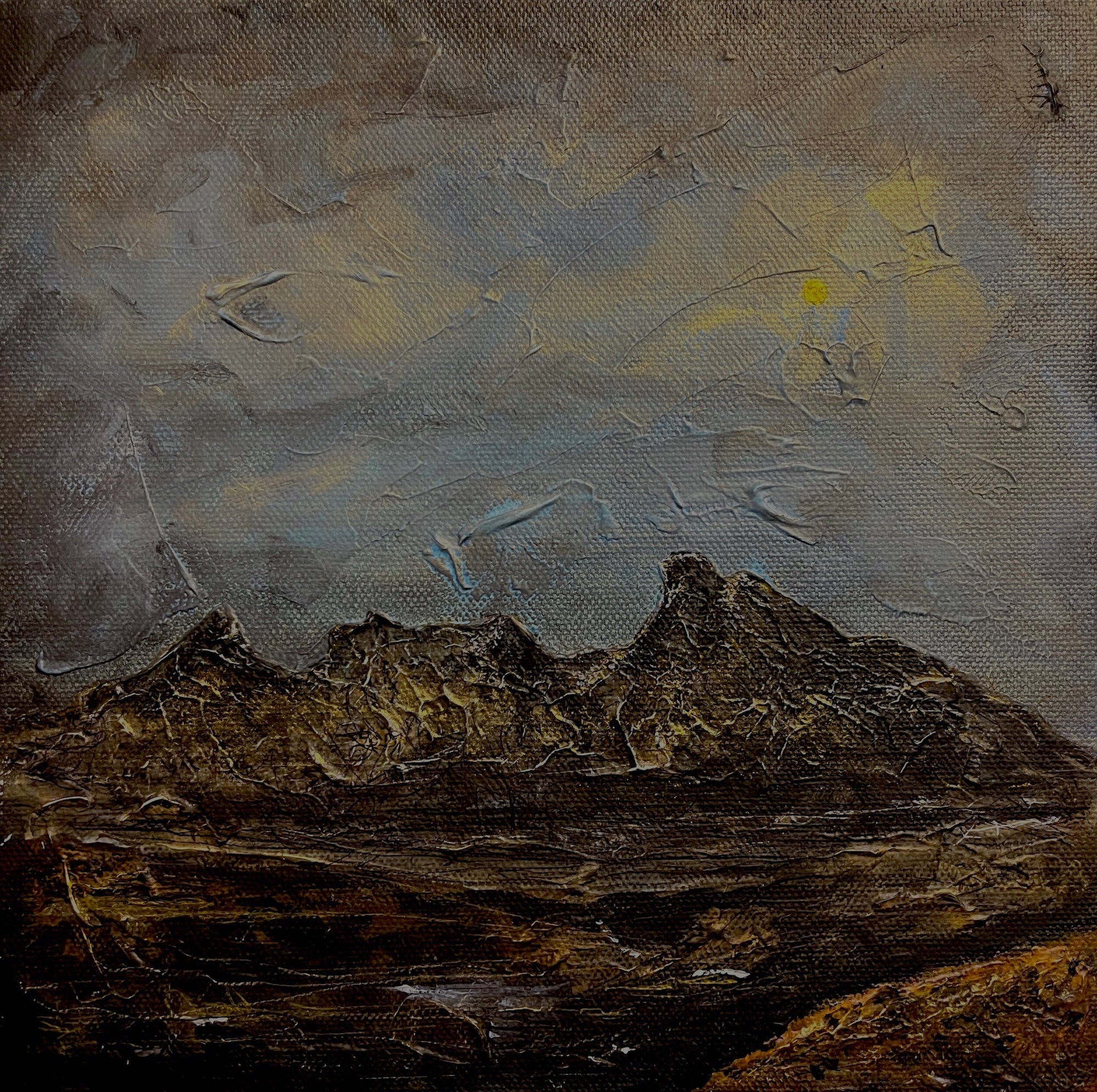Textured oil painting of rugged mountain landscape under stormy sky with a hint of sun